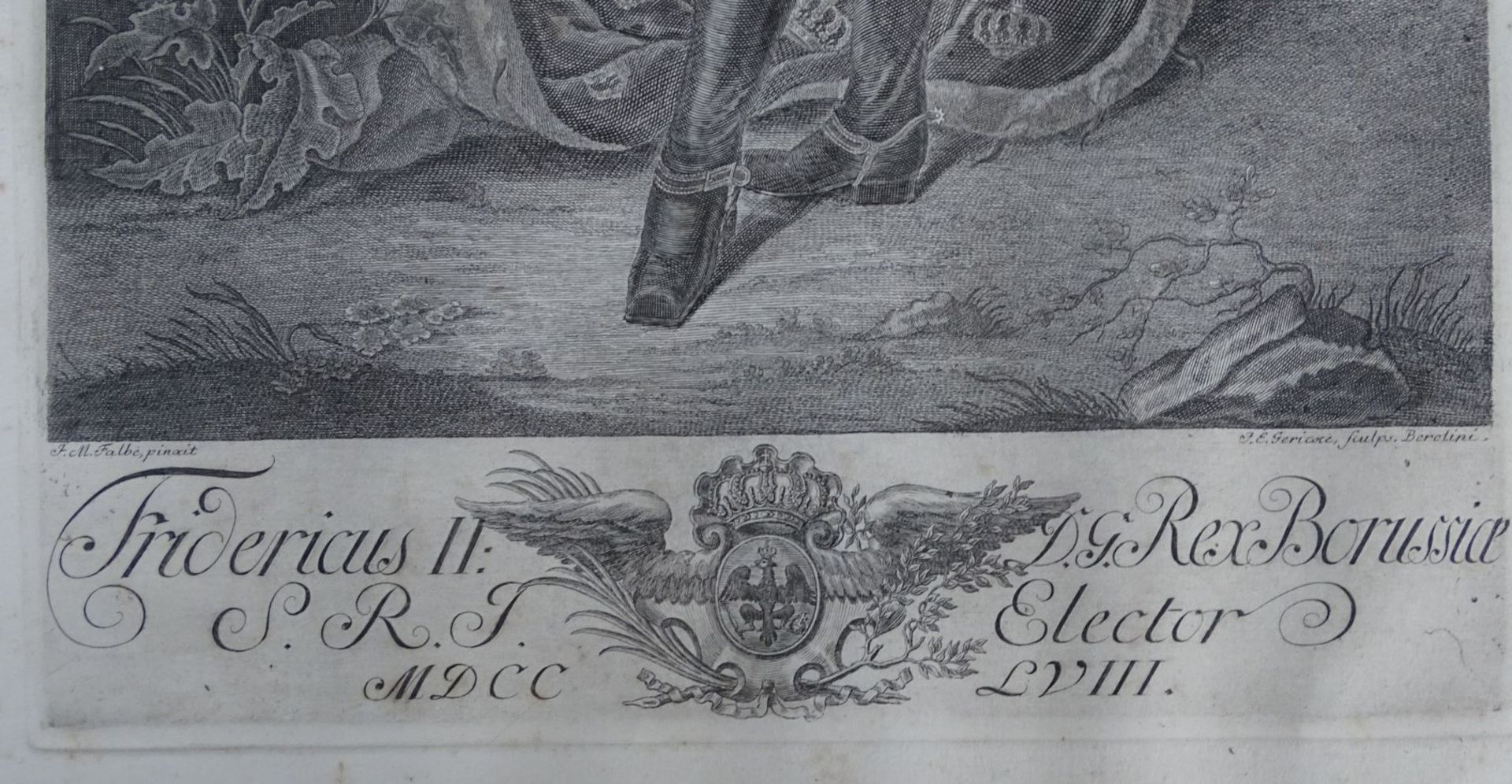 Portraitstich "Fredericus II" 1758 datiert, gerGlas, stockfleckig, RG 65x55 cm - Image 3 of 5