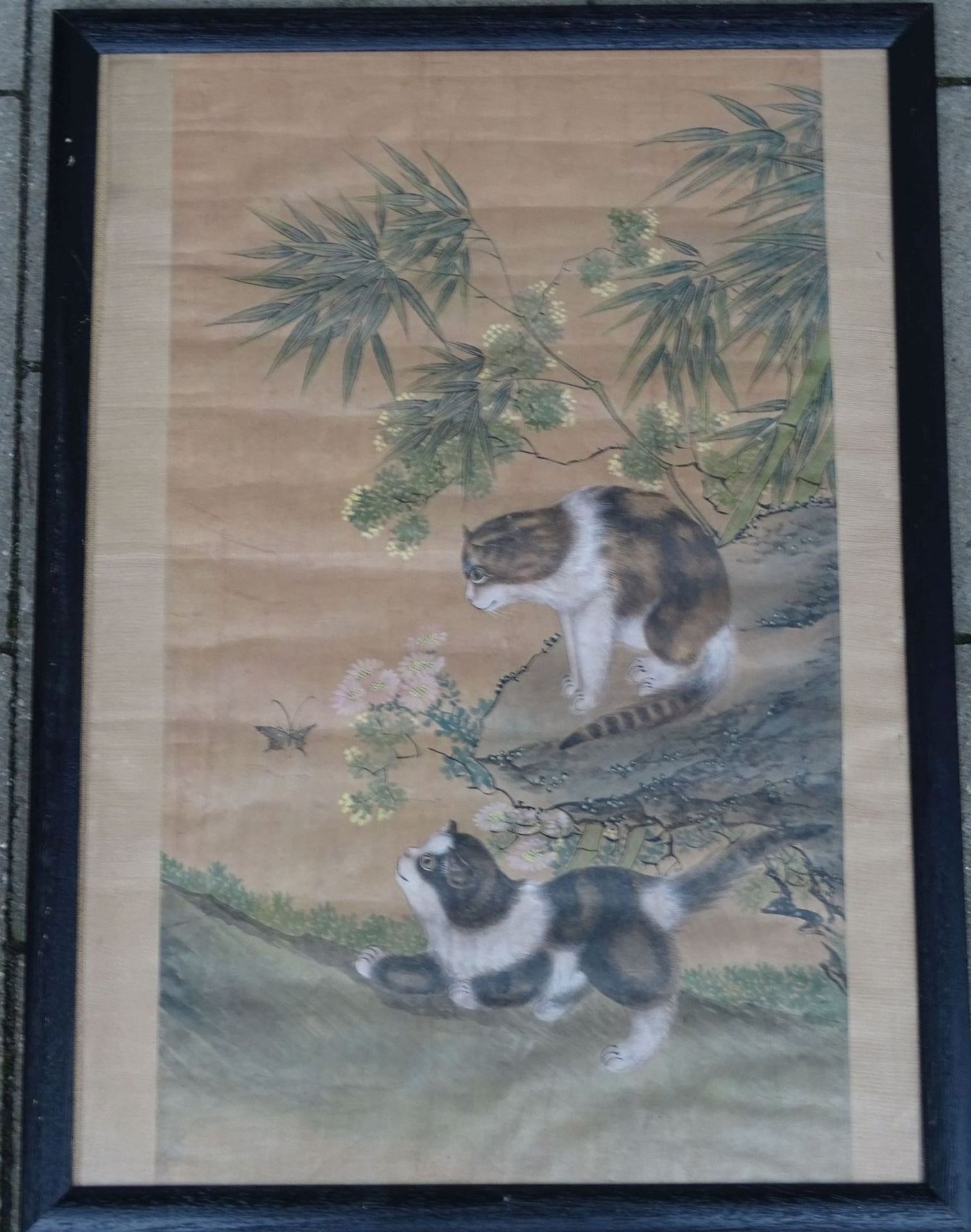 grosses anonymes Aquarell "zwei Katzen" wohl China, auf Reispapier, ger/Glas, RG 75x55 cm - Bild 2 aus 4