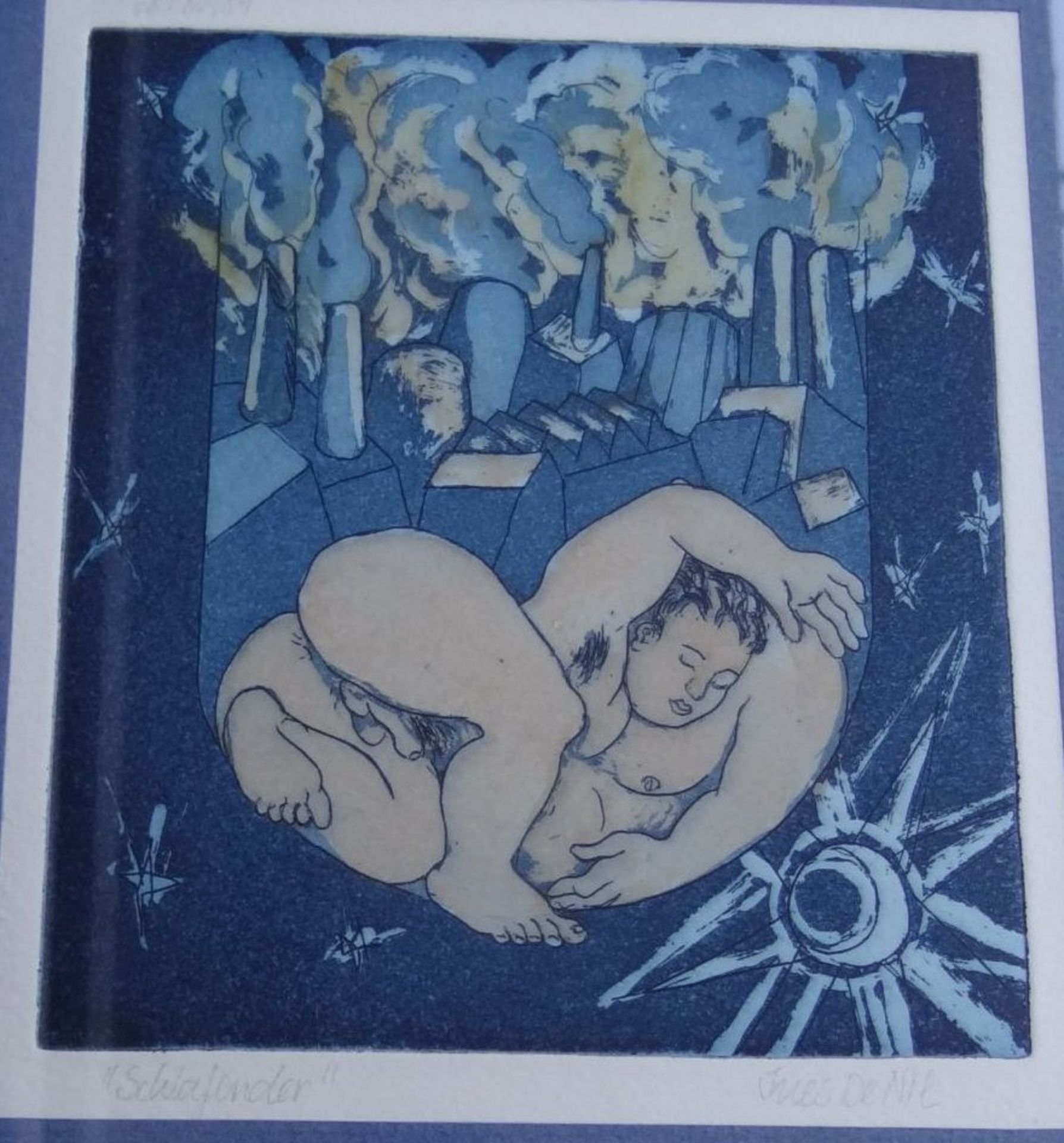 Ines De Nil (1947), "Die Schlafende", Farbholzschnitt, MG: 13 x 15 cm, ger/Glas, RG: 35 x 28 cm - Image 3 of 6