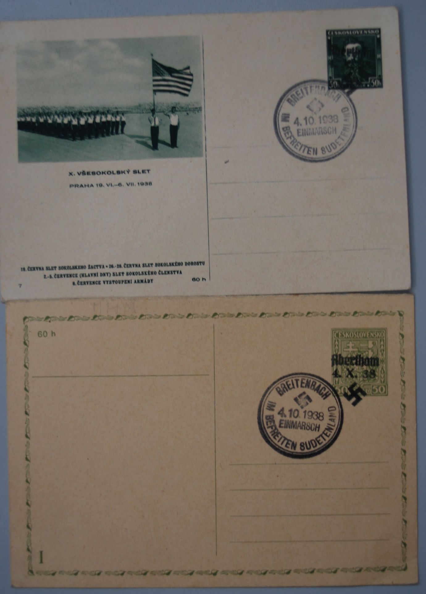 2 Postkarten mit Sonderstempel "Breitenbach 4.10.1938, Einmarsch ins Sudenland