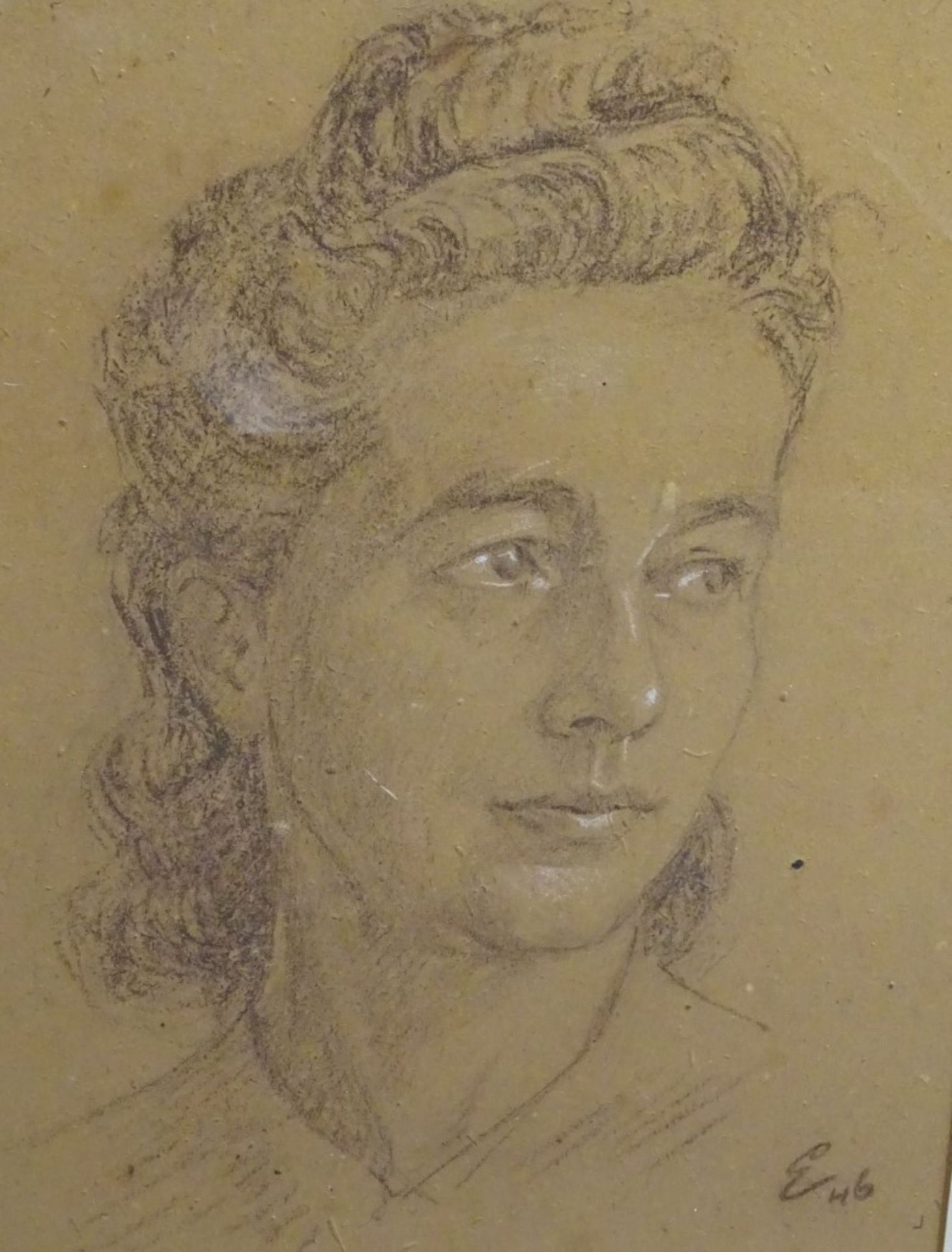Zeichnung-Frauenportrait,u.r.Monogramm und Datierung (19)46,Gesicht weiss gehöht,ger/Glas,RG 49x39c - Bild 2 aus 6