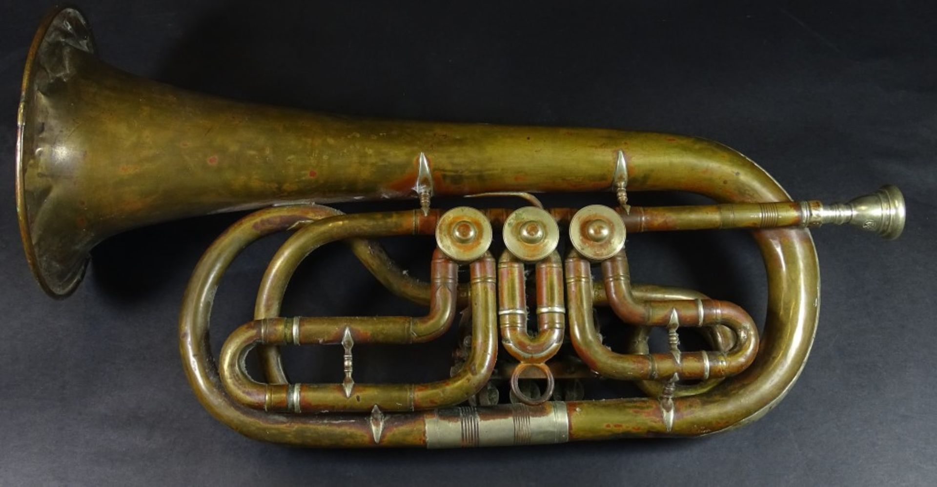 Alte Messing Trompete,Gravur Johann Bolte,stark gedellt,Alters-u. Gebrauchsspuren