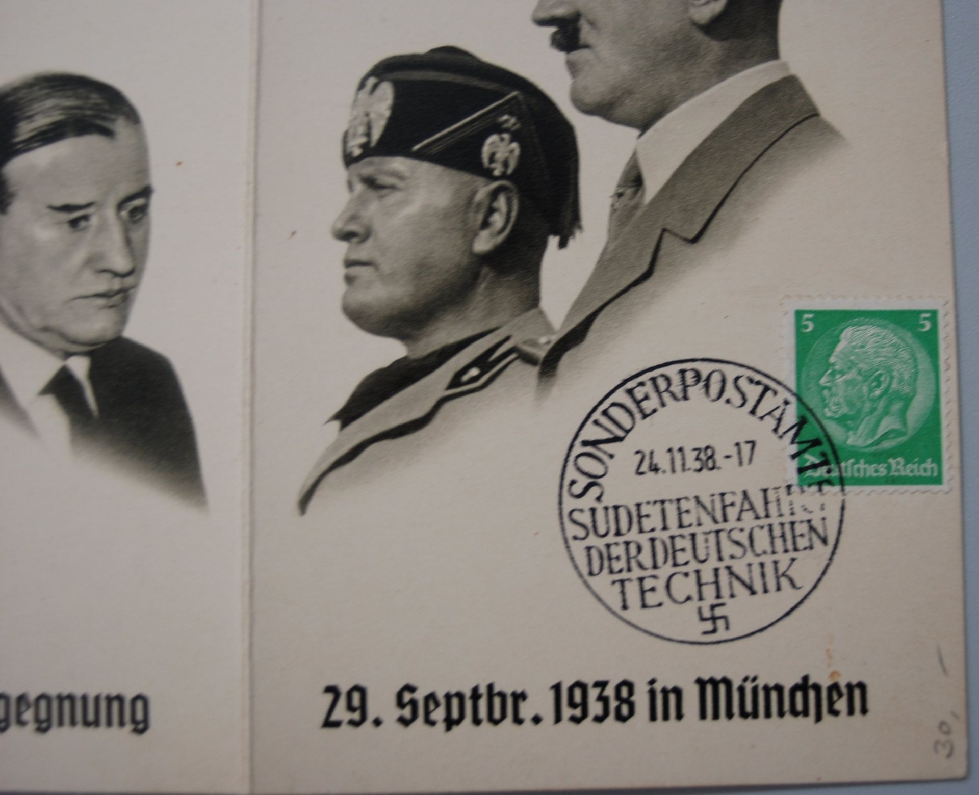 Doppelpostkarte mit Hitler/Mussolini und Daladier/Chamberlain "Zur historischen Begegnung 1938" - Bild 2 aus 5