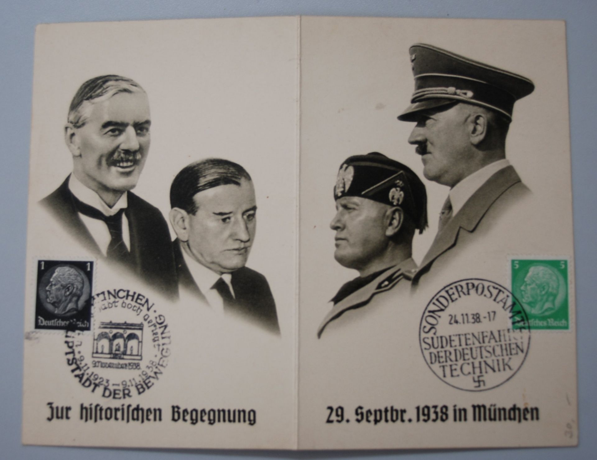 Doppelpostkarte mit Hitler/Mussolini und Daladier/Chamberlain "Zur historischen Begegnung 1938"