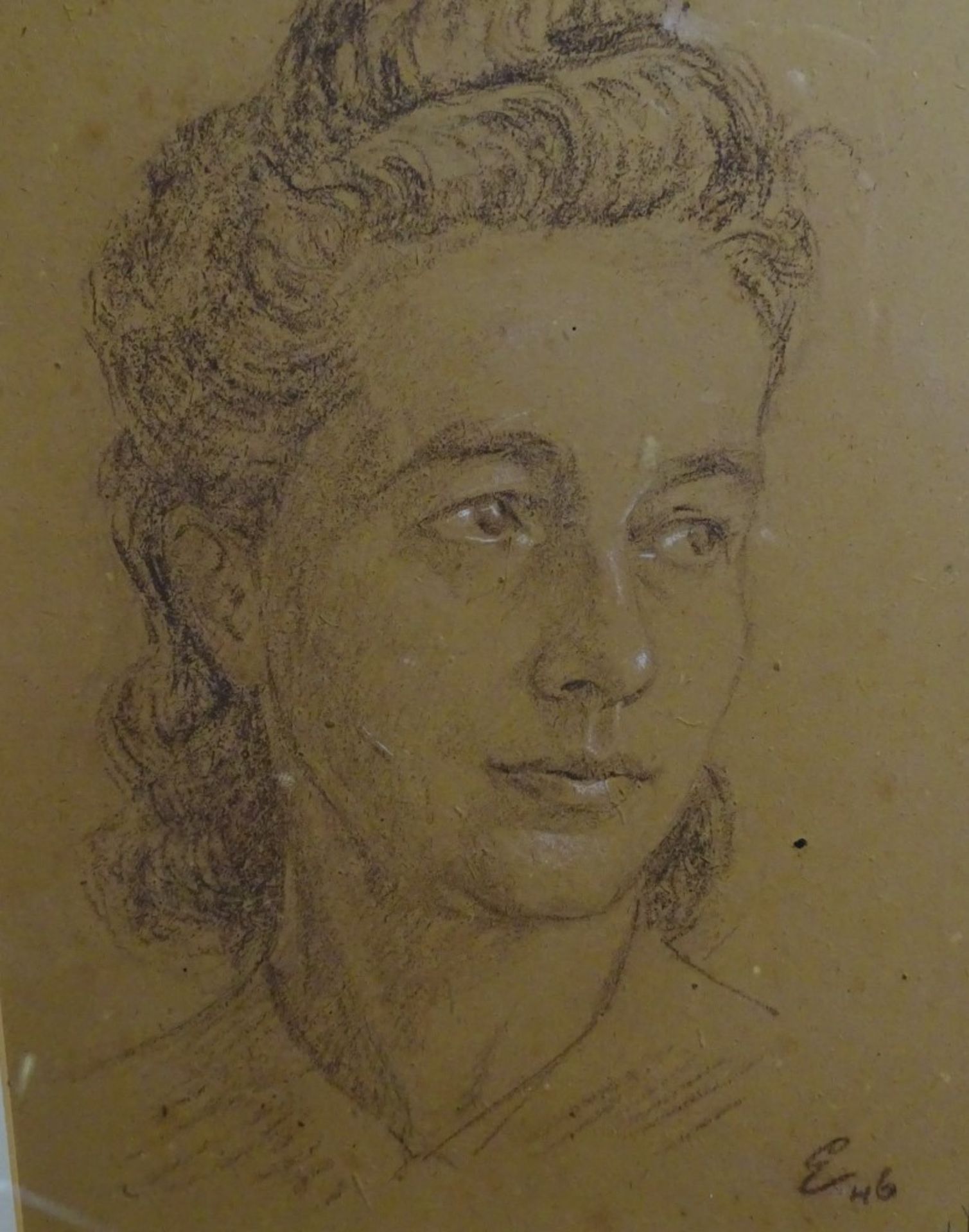 Zeichnung-Frauenportrait,u.r.Monogramm und Datierung (19)46,Gesicht weiss gehöht,ger/Glas,RG 49x39c - Bild 5 aus 6