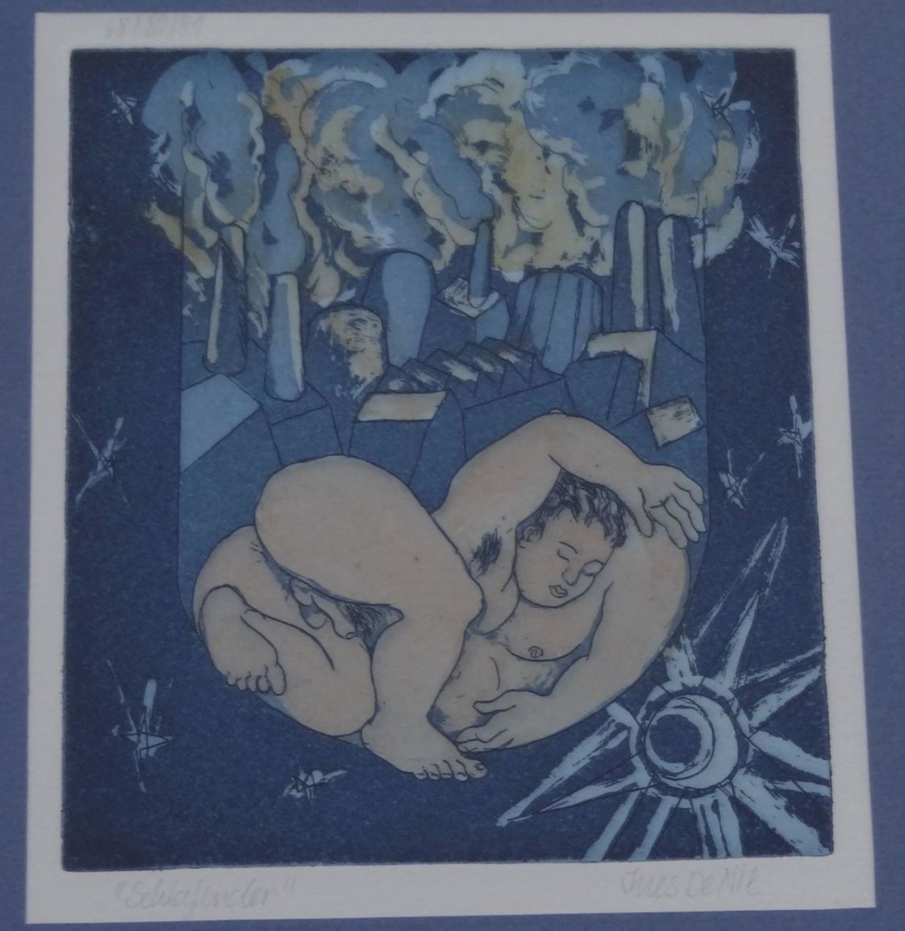 Ines De Nil (1947), "Die Schlafende", Farbholzschnitt, MG: 13 x 15 cm, ger/Glas, RG: 35 x 28 cm - Image 2 of 6