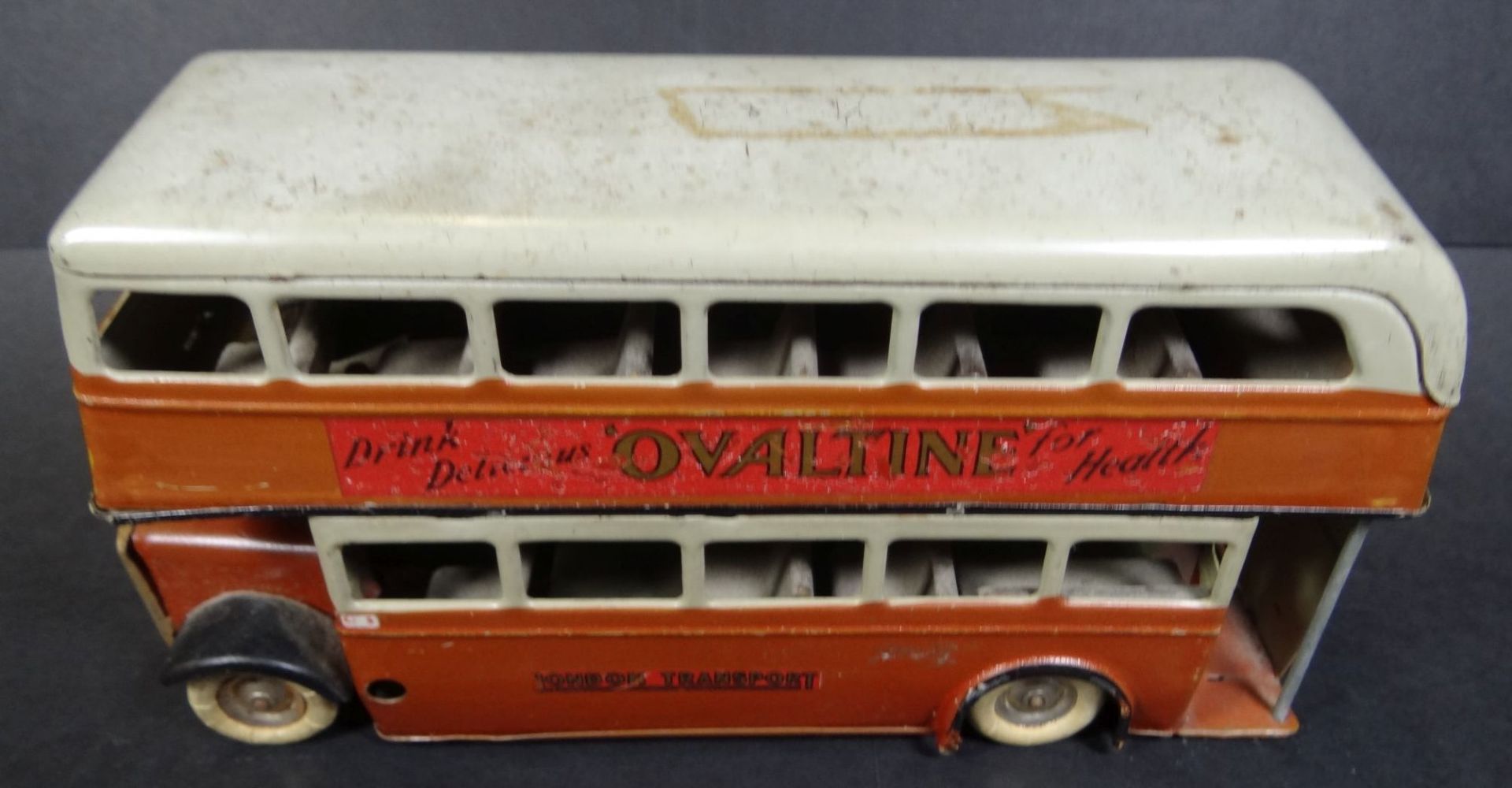 gr. Blech-Doppeldeckerbus, England, seitl. mit Ovaltine Werbung, Schlüsselwerk nicht überprüft, H-10 - Bild 2 aus 10