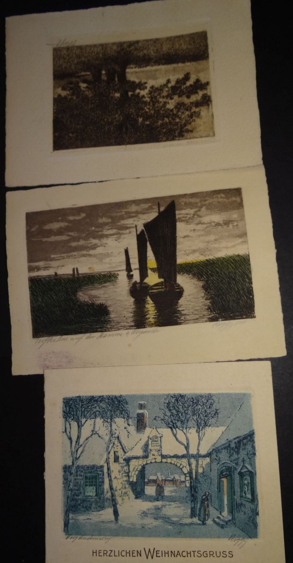 Emy ROGGE (1866-1959), 3 Künstlerpostkarten,, 2x Farbradierungen, signiert und tw. betitelt,