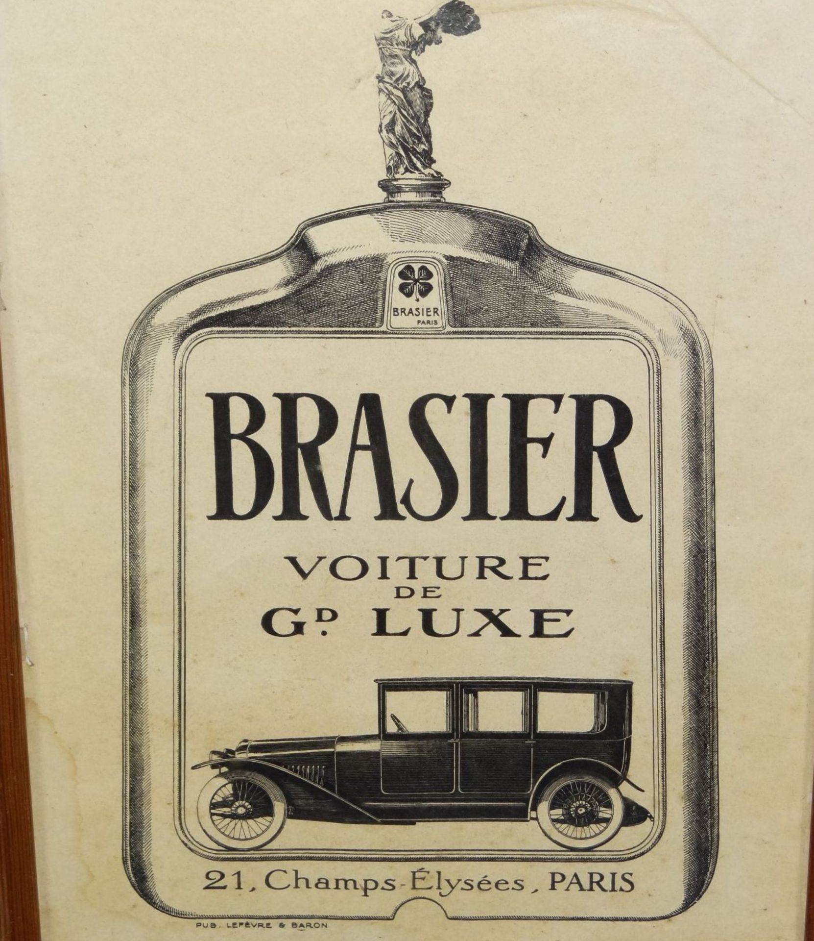 kleines Autoplakat "Brasier Voiture de Gd. Luxe" von 1904, ger/Glas, RG 42x32 cm, pub. Levebre& - Bild 2 aus 7
