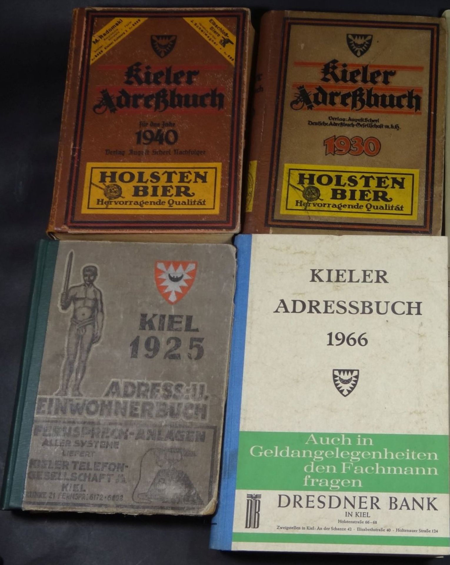 4x Kieler Adressbücher, 1925, 1930, 1940, 1966, Alters-u. Gebrauchsspure