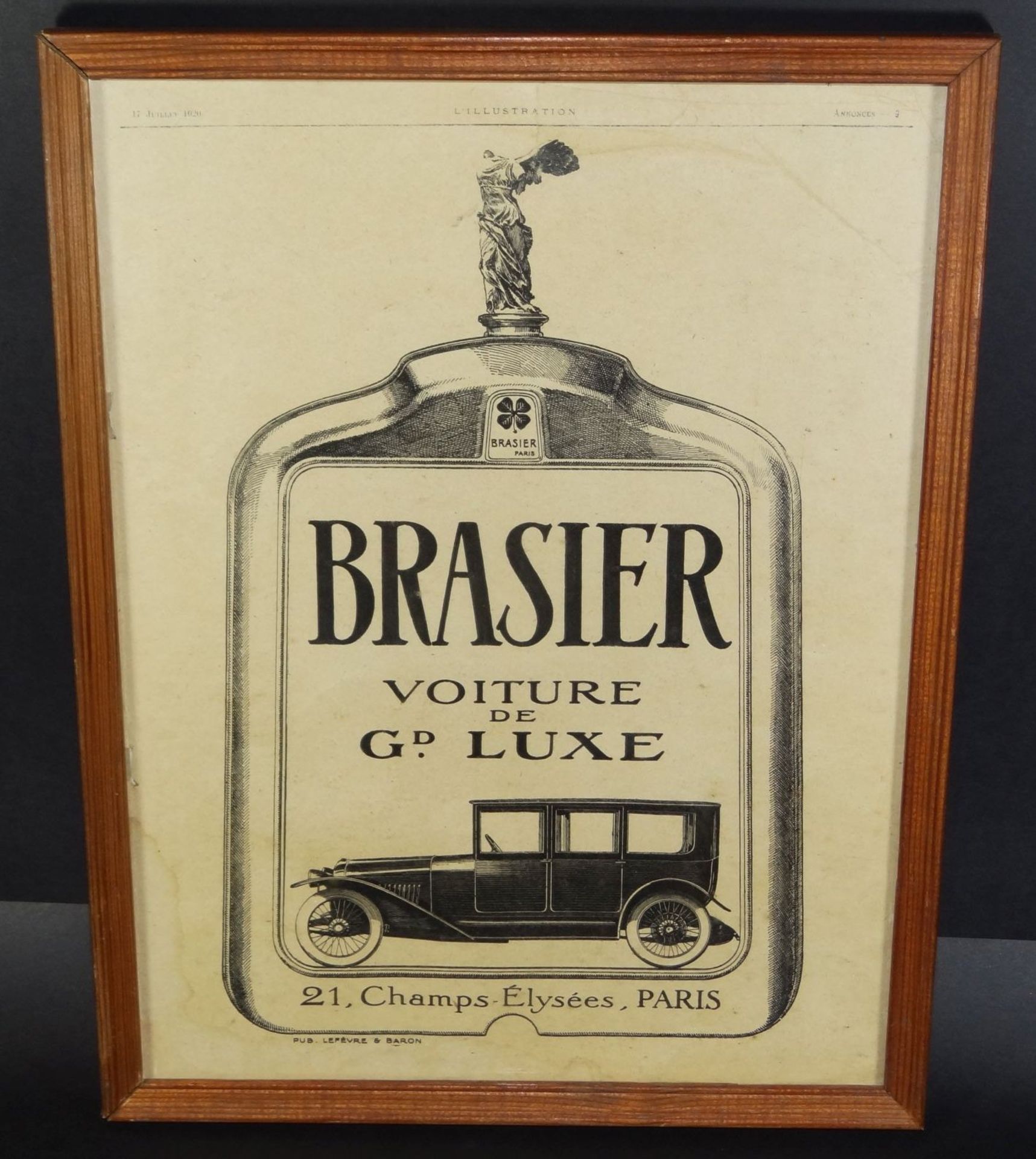 kleines Autoplakat "Brasier Voiture de Gd. Luxe" von 1904, ger/Glas, RG 42x32 cm, pub. Levebre&