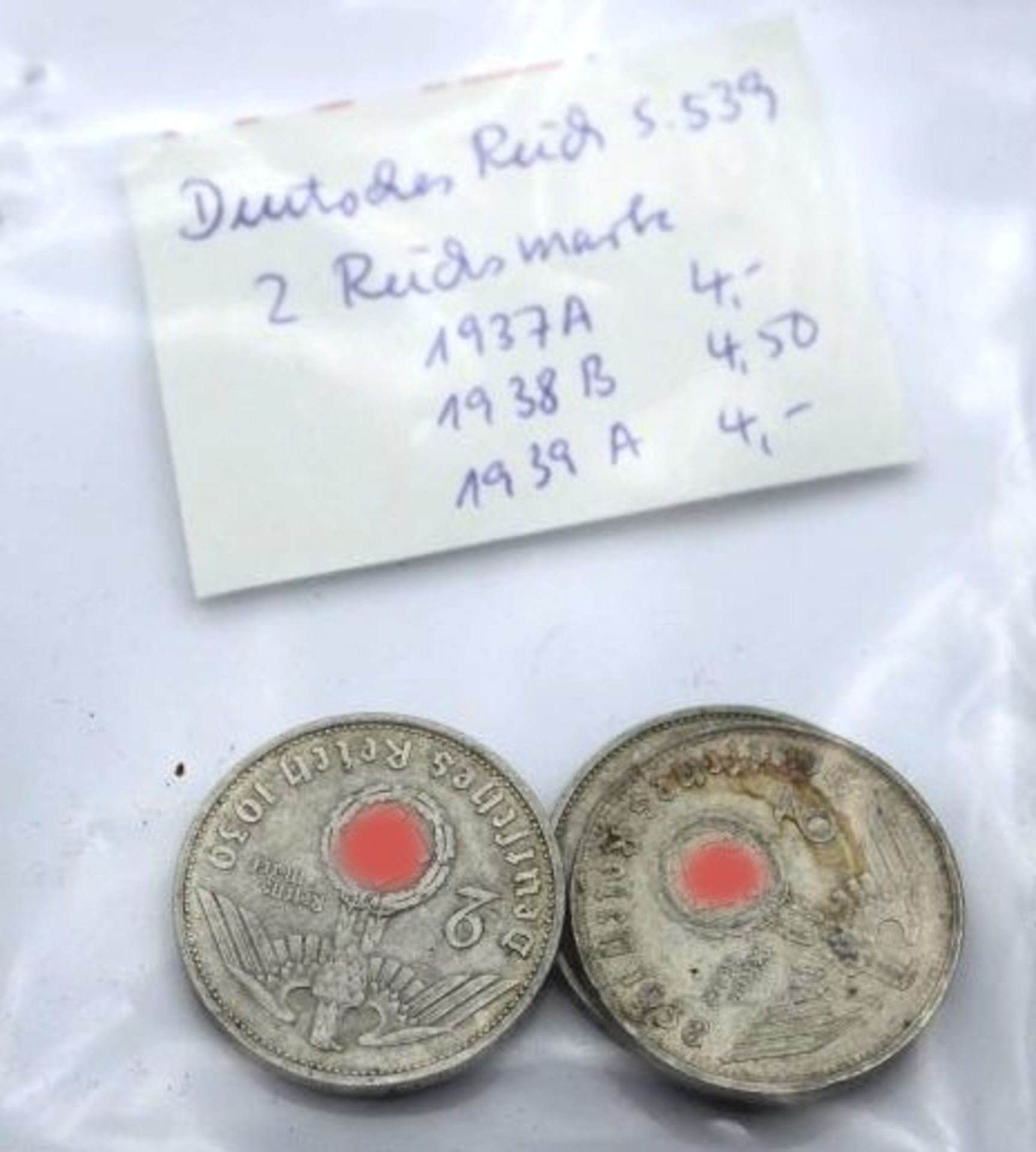 3 Münzen Deutsche Reich, 2 Mark, 1937 A, 1938 B und 1939 A.
