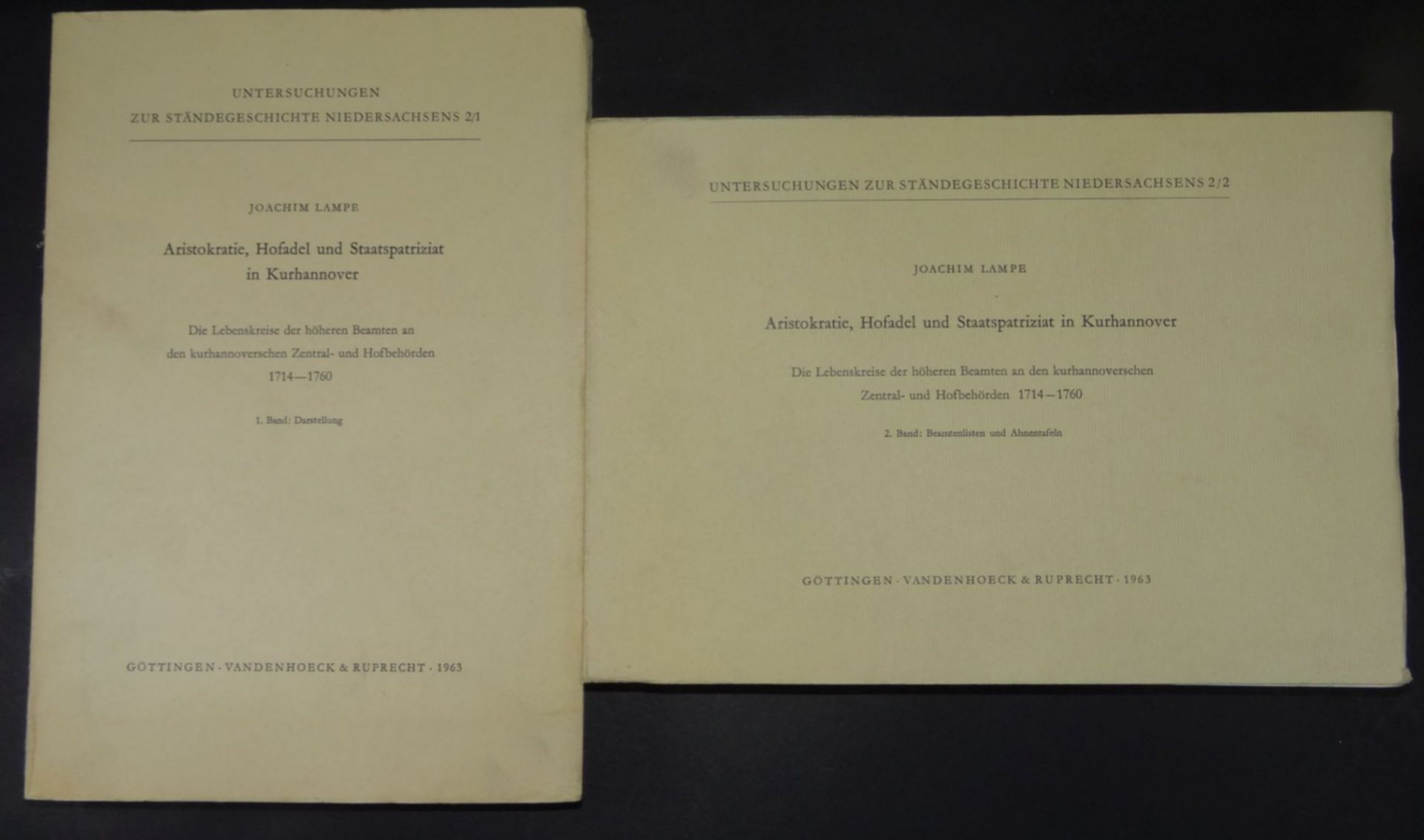 2 Bücher "Untersuchungen zur Ständegeschichte Niedersachsens" 1963, J. Lampe, Aristokratie,