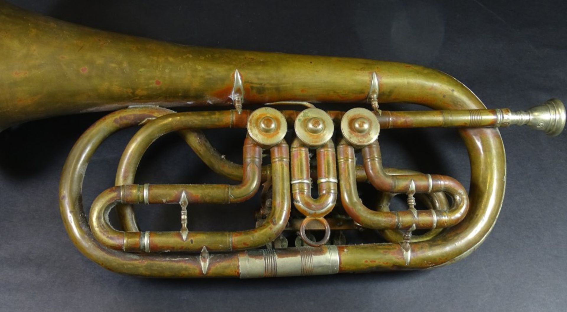 Alte Messing Trompete,Gravur Johann Bolte,stark gedellt,Alters-u. Gebrauchsspuren - Bild 2 aus 5