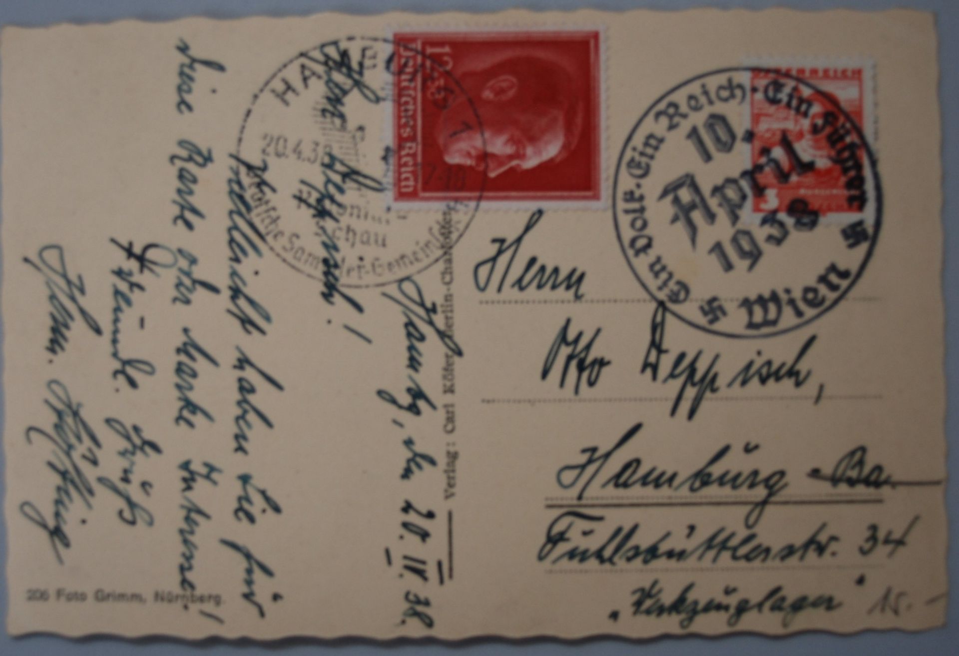 Postkarte mit Hitler in Uniform, Sonderstempel 10.April 1938 - Bild 2 aus 2