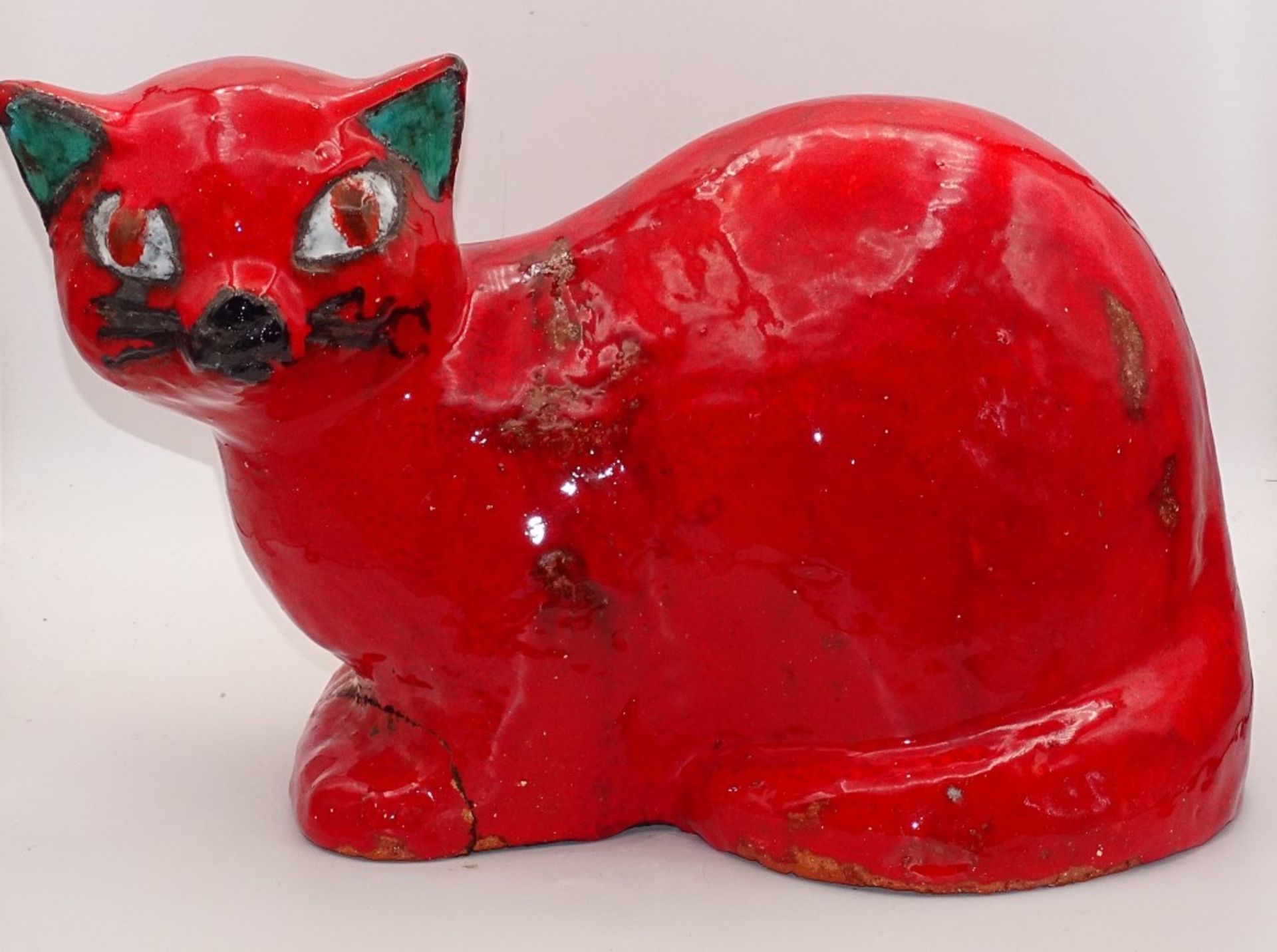 Große Keramik Katze, wohl Heide Weichberger Worpswede,beschädigt,rotfarbig,L- 33cm,H-19 - Bild 3 aus 6
