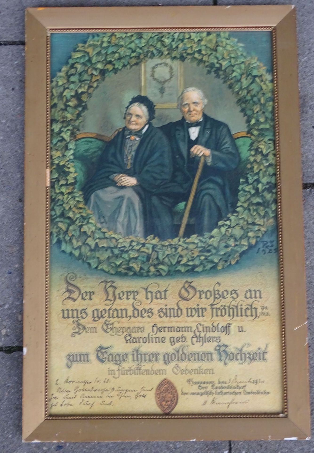 gerahmte Urkunde "Goldene Hochzeit" 1930, gerahmt/Glas, RG 49x31 cm