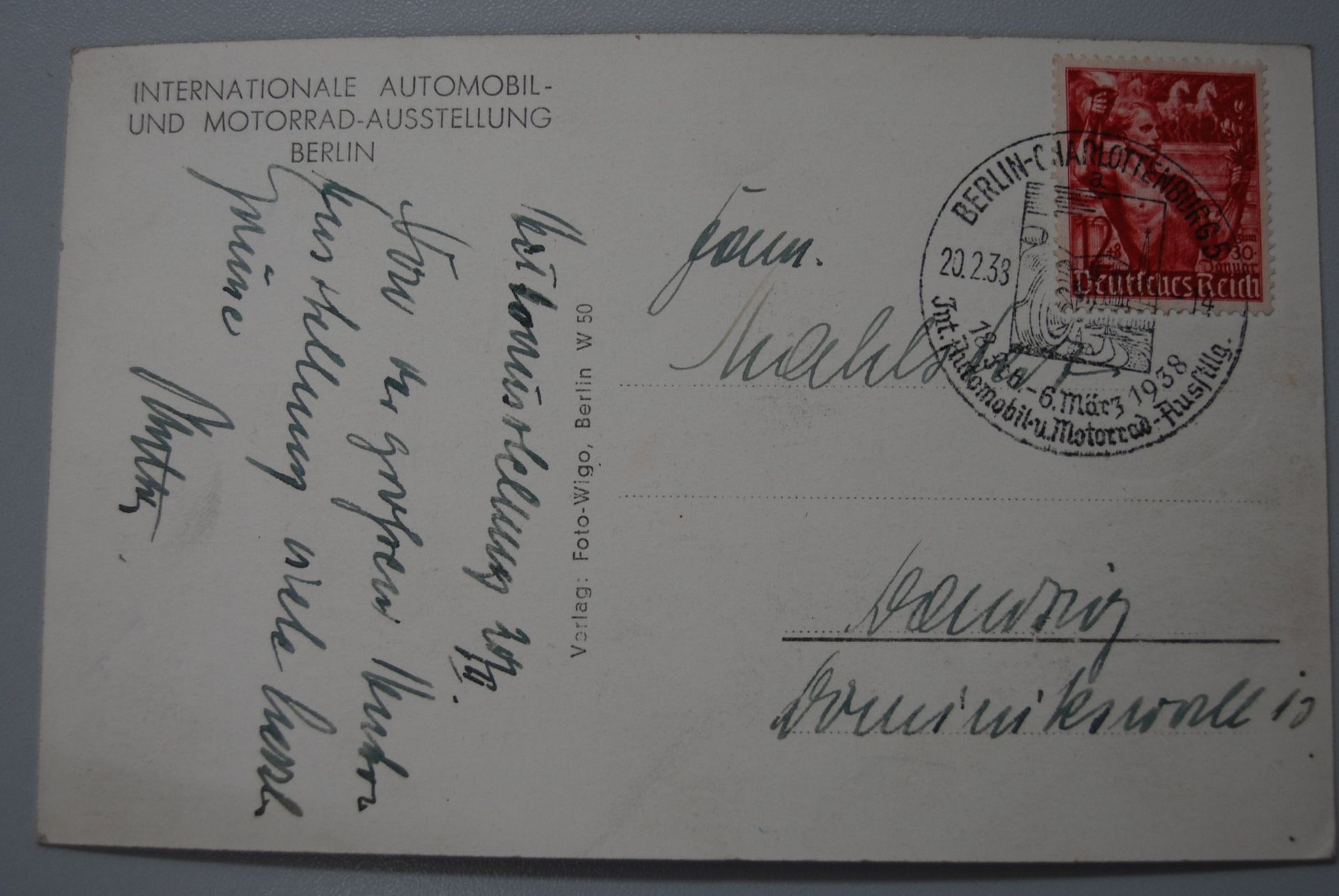 Postkarte "Internat. Auto-Ausstellung Berlin 1938" mit Sonderstempel - Bild 2 aus 2