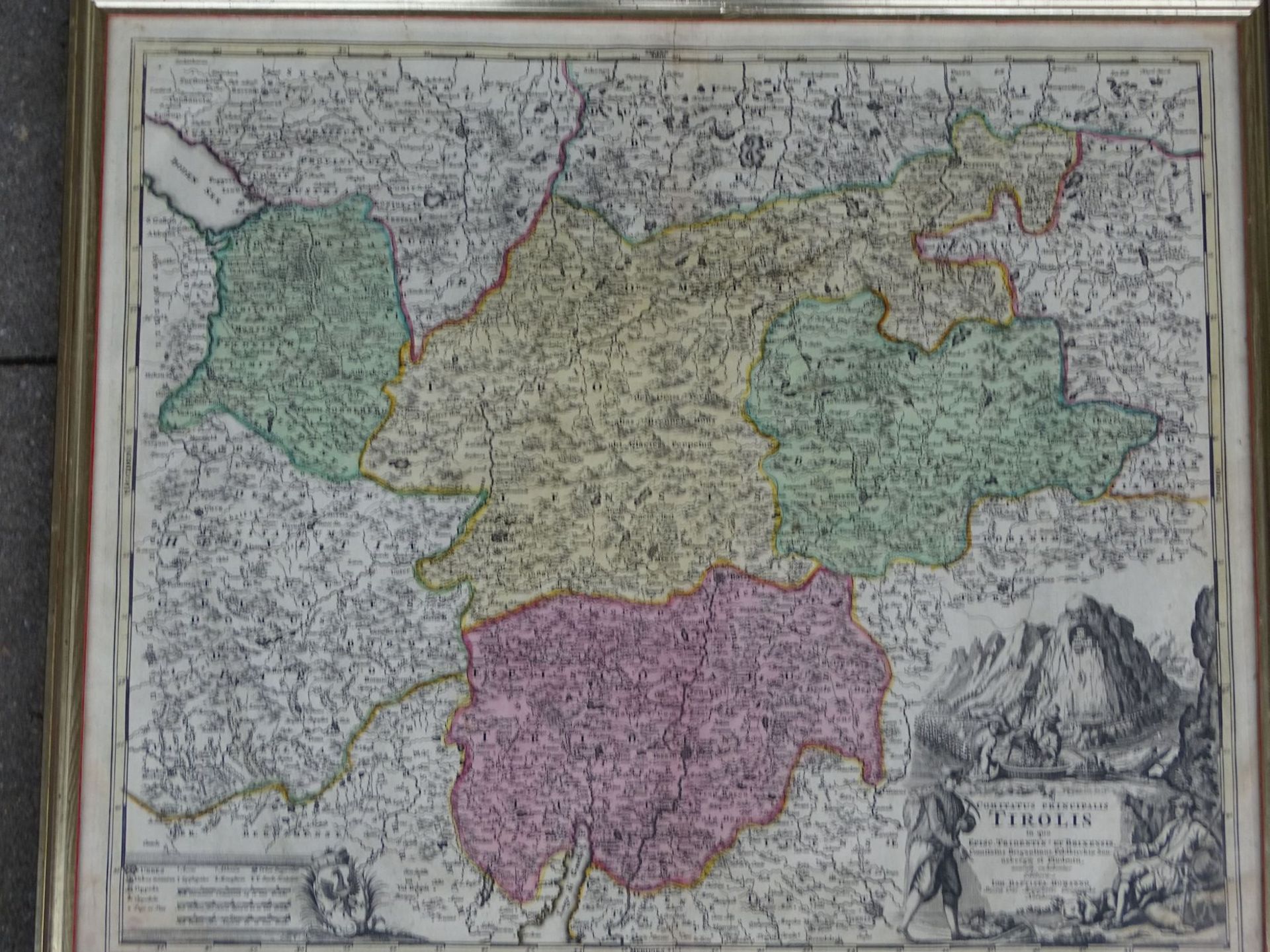 Johann Baptista HOMANN (1664-1724) "Tirolis" colorierte Landkarte um 1720, ger/Glas, RG 55x65 cm - Bild 2 aus 5