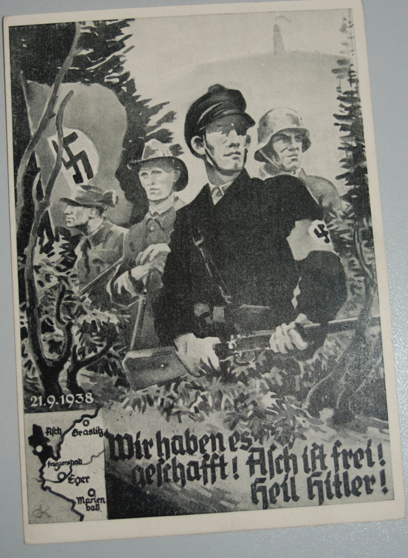 Postkarte "Asch ist frei" mit Sonderstempel