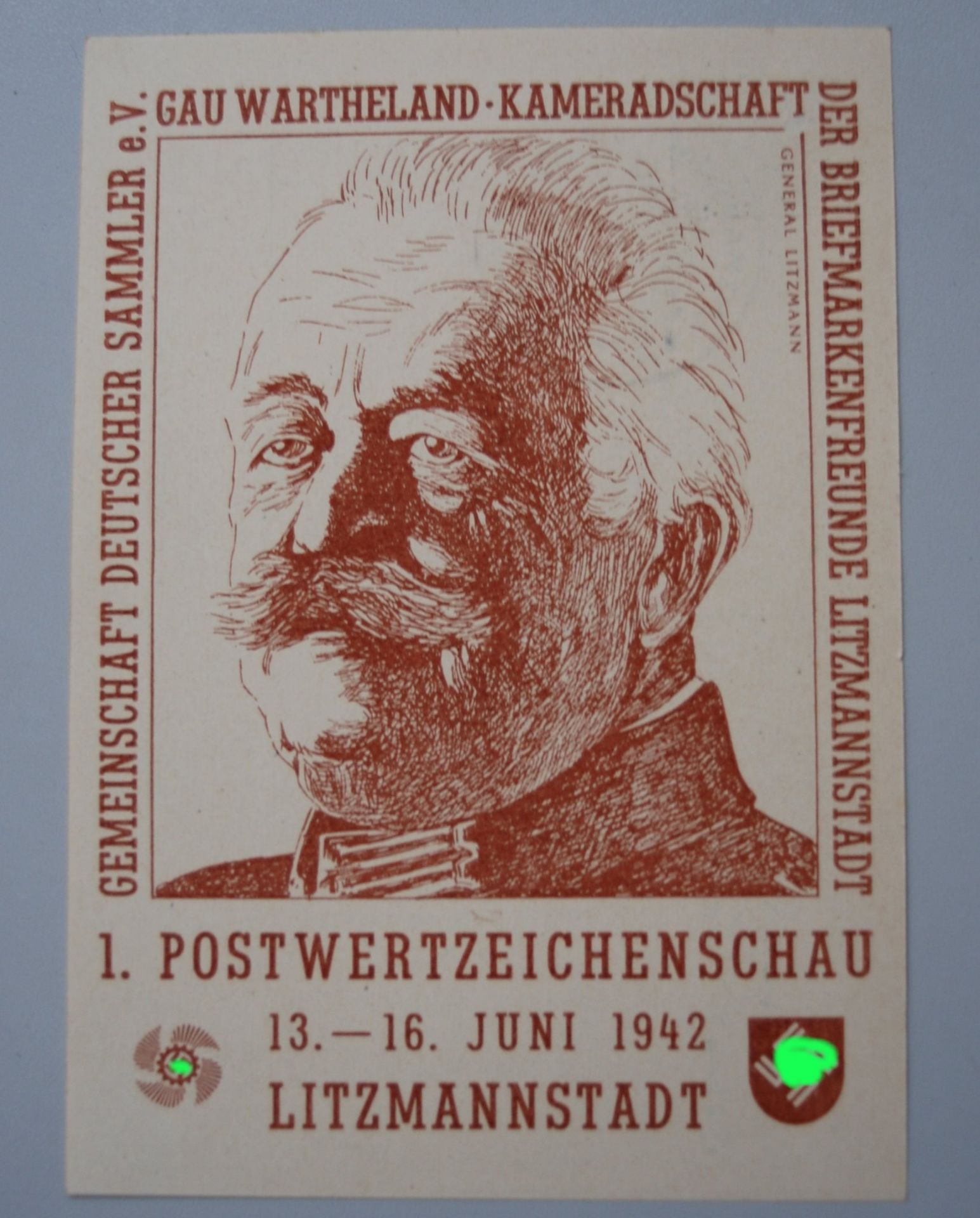 Postkarte ".1.Postwertzeichenschau" mit Sonderstempel 1942, Litzmannstadt