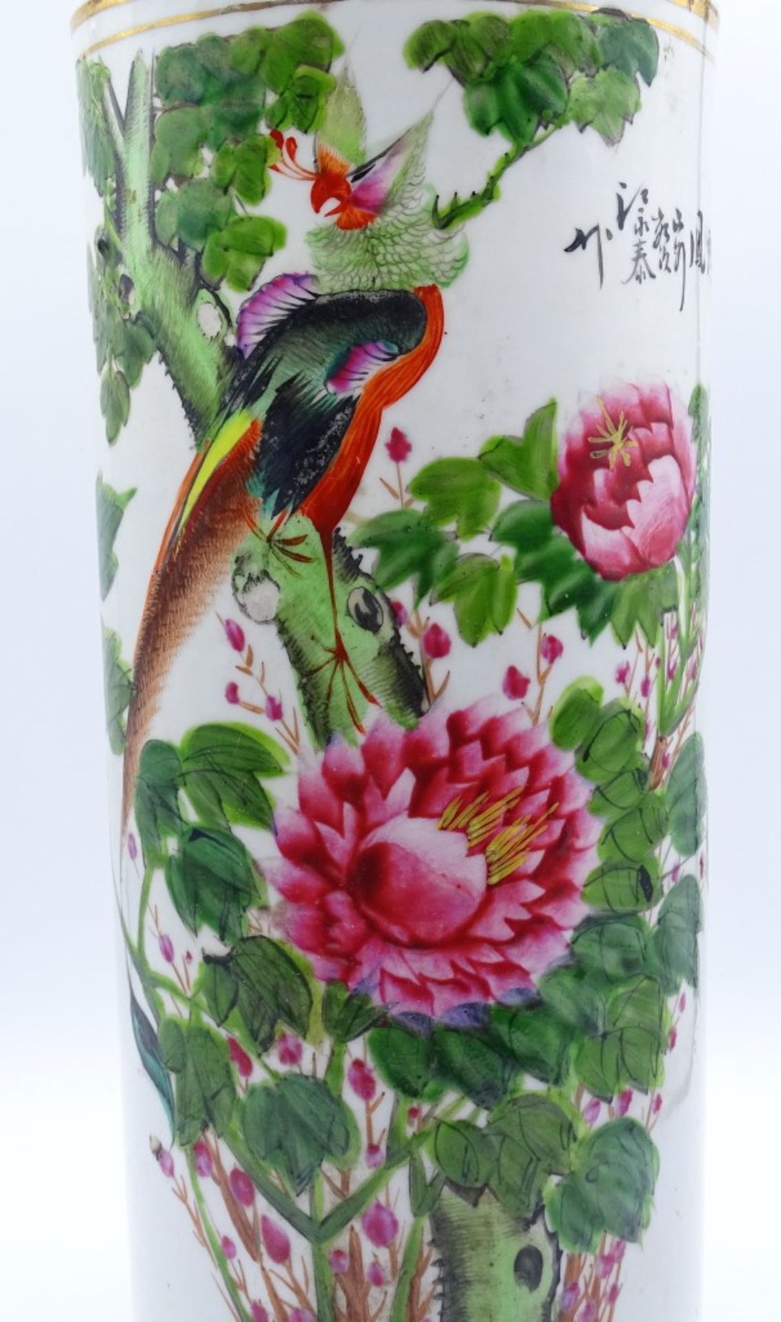 Hohe Vase China , Blumen Dekor,chinesisch beschriftet,Goldrand,berieben,H-28cm, - Bild 2 aus 6