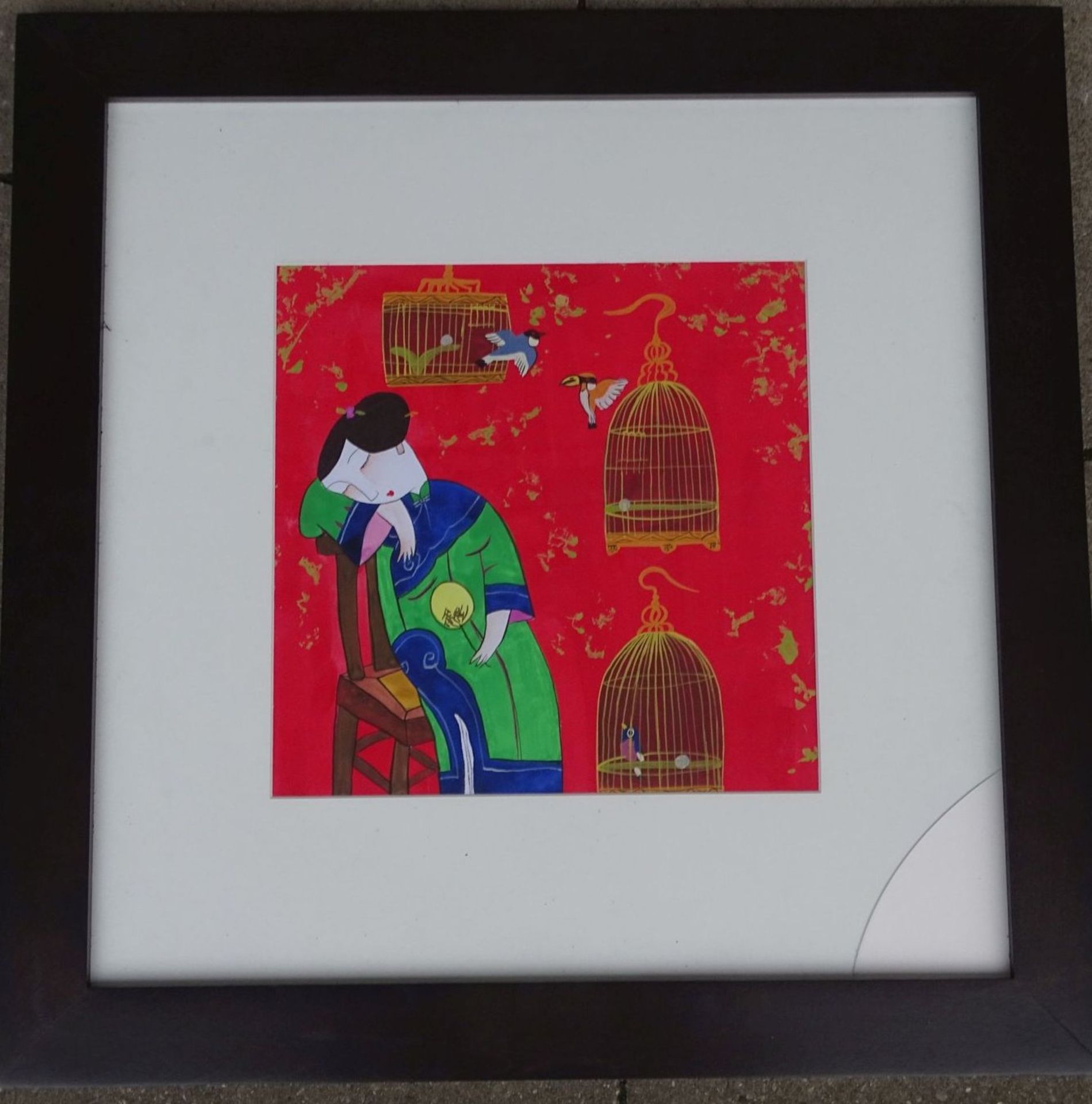 2x japanische Farbgrafik "Frau mit Katzen" und Frau mit Vögel,, ger/Glas, 58x58 cm, 1x Glas - Image 5 of 8