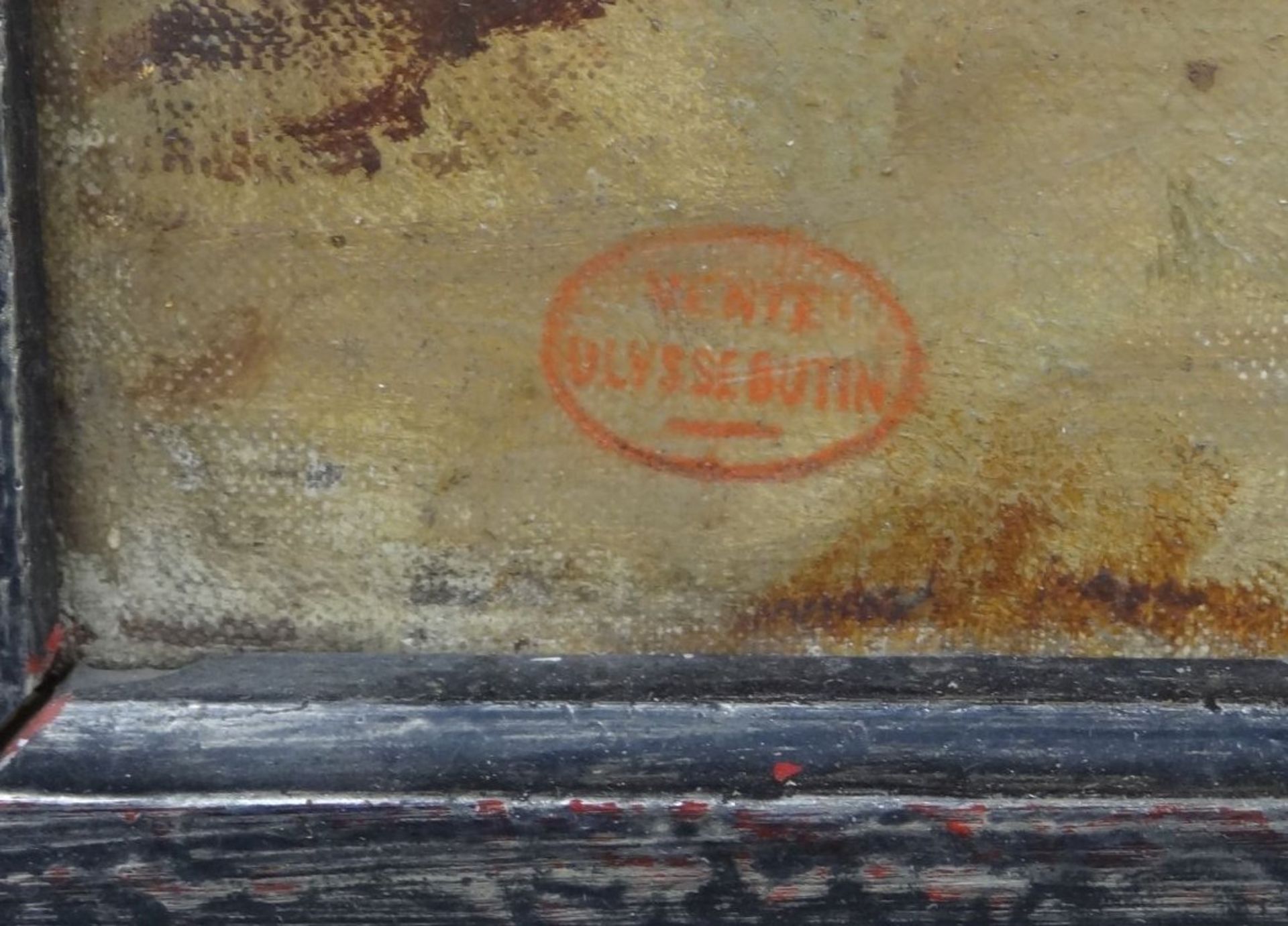 anonymes gr. Gemälde, roter Stempel "vente ulysses butin", Kirchenende mit Grabsteinen, Öl/Leinen, - Bild 3 aus 4