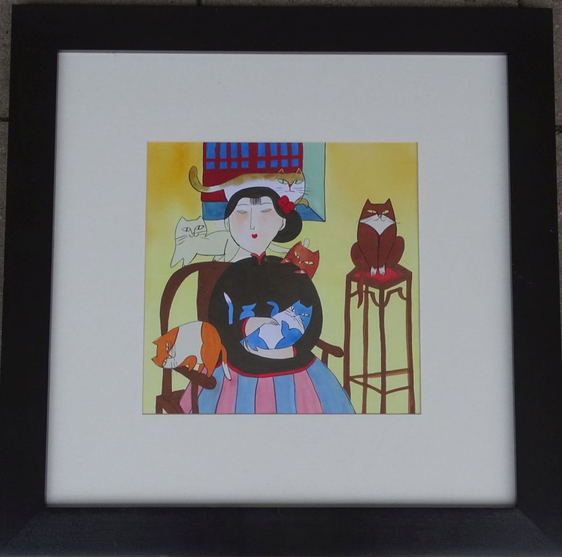 2x japanische Farbgrafik "Frau mit Katzen" und Frau mit Vögel,, ger/Glas, 58x58 cm, 1x Glas - Image 2 of 8