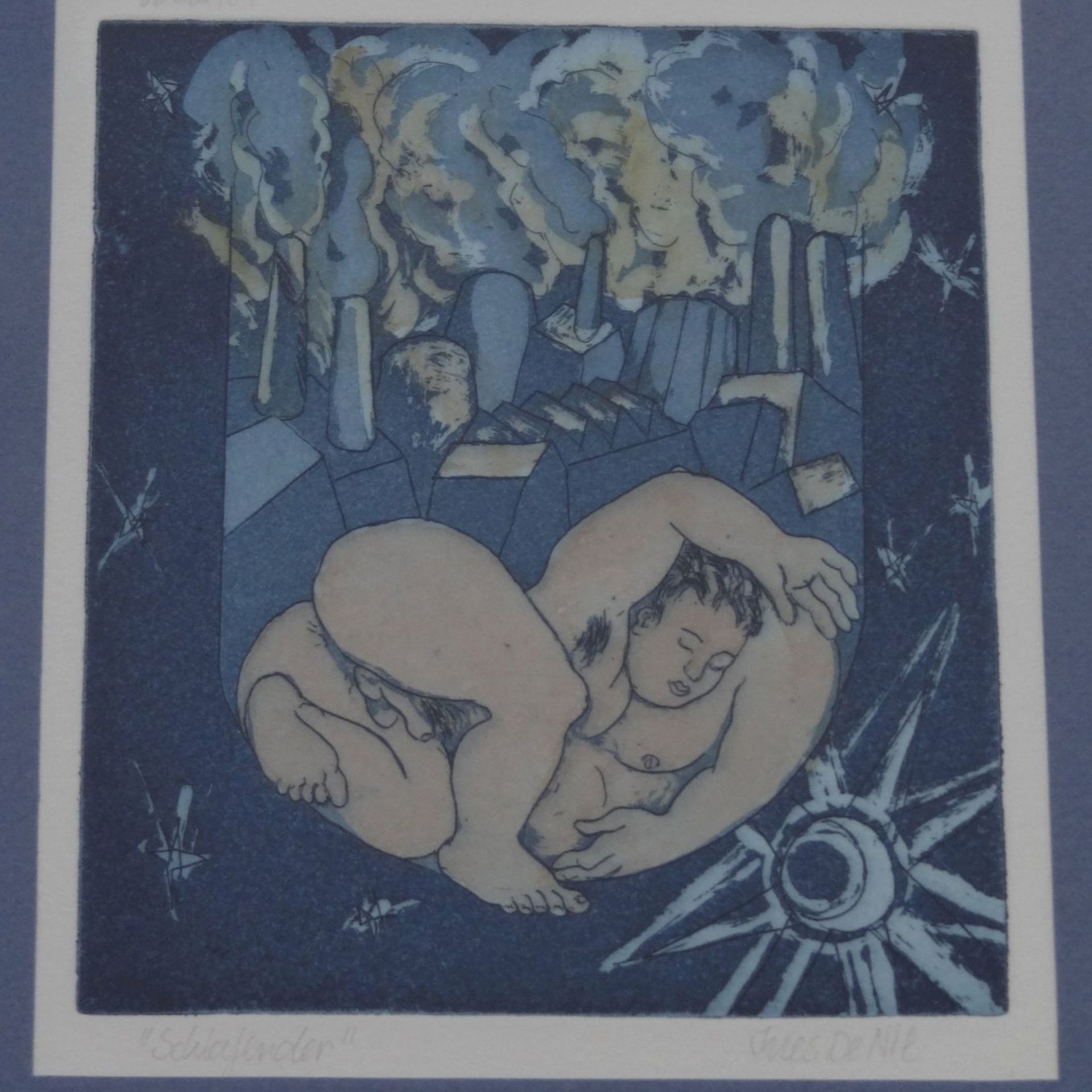 Ines De Nil (1947), "Die Schlafende", Farbholzschnitt, MG: 13 x 15 cm, ger/Glas, RG: 35 x 28 cm