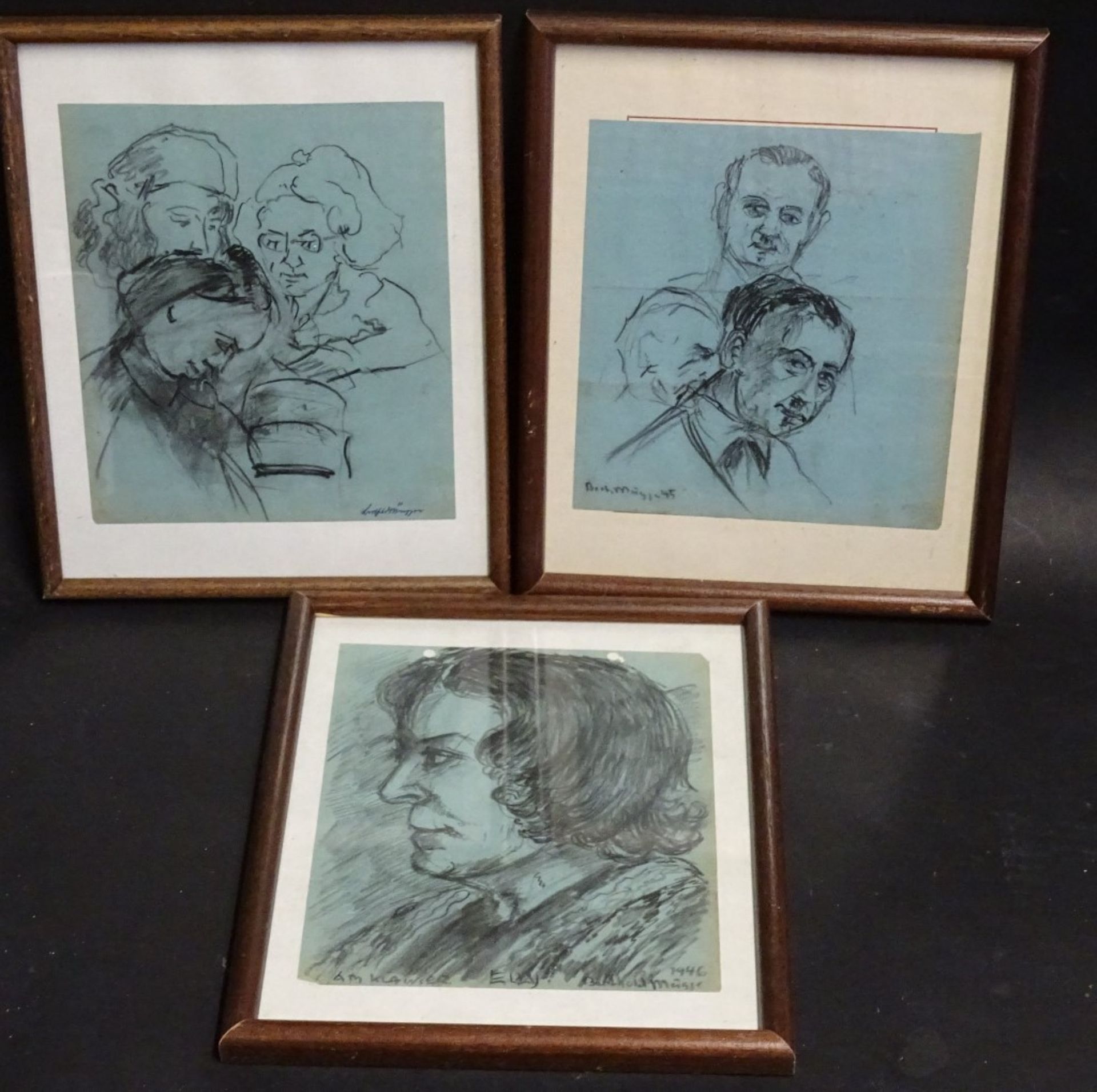 Berthold MÜGGE (1896-1970) 3x Portraits Bleistiftzeichnungen,ger/Glas,RG 26,5x21,5c