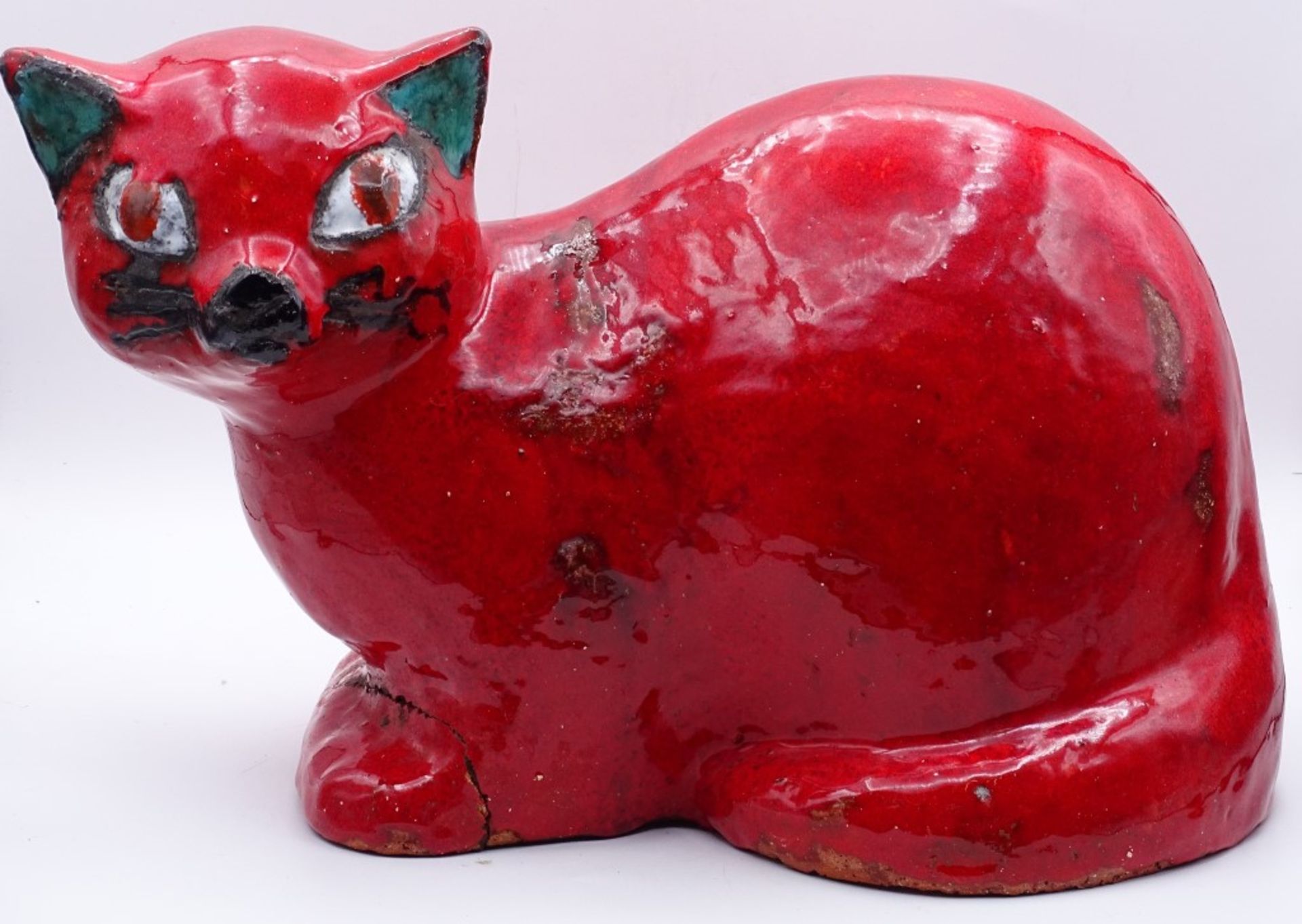 Große Keramik Katze, wohl Heide Weichberger Worpswede,beschädigt,rotfarbig,L- 33cm,H-19