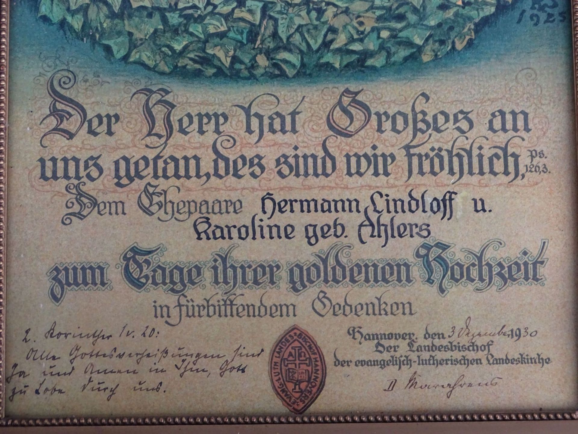 gerahmte Urkunde "Goldene Hochzeit" 1930, gerahmt/Glas, RG 49x31 cm - Bild 3 aus 5