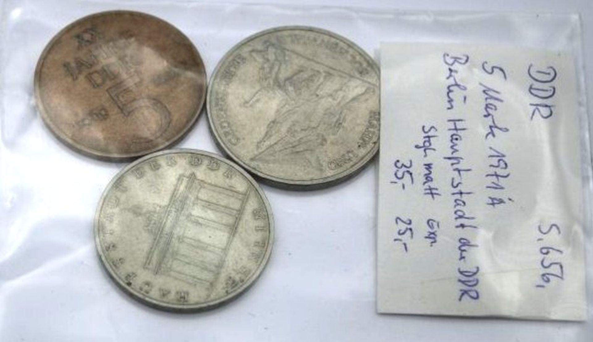 3x Münzen, DDR, 5 Mark 1969, 5 Mark 1971 und 10 Mark 1972.