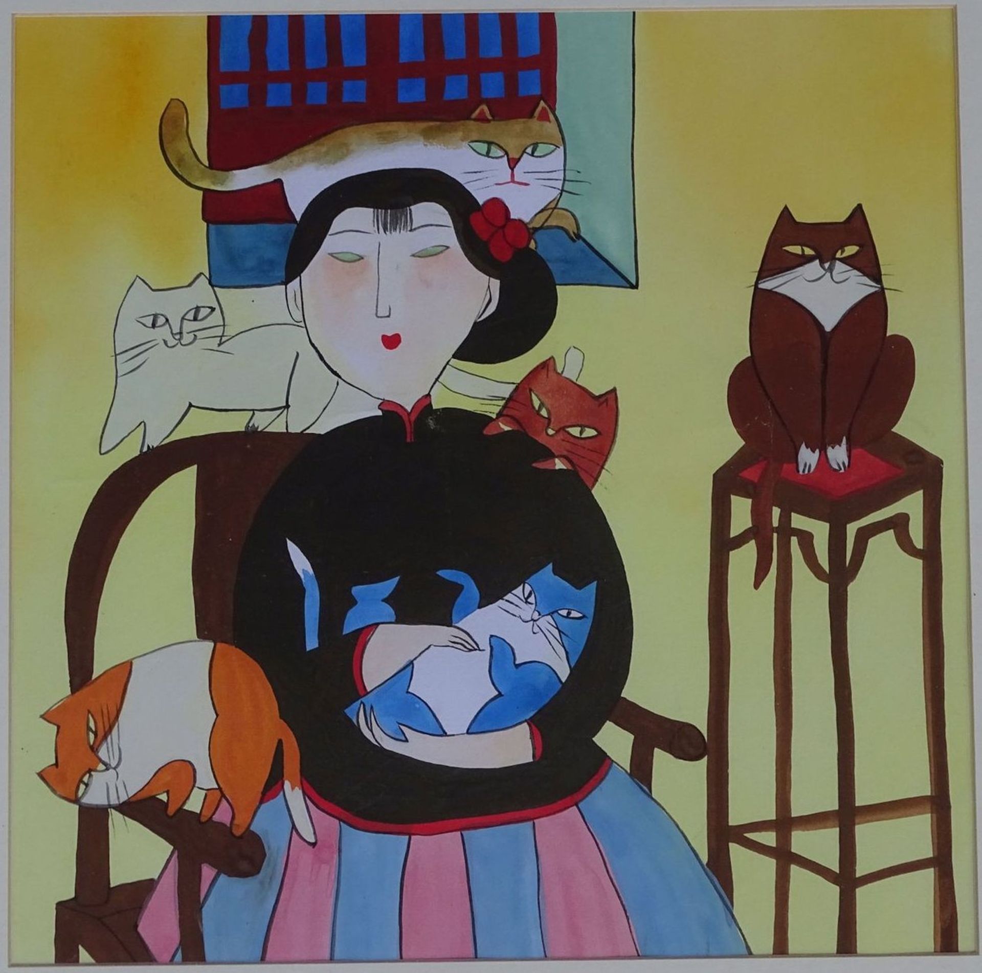 2x japanische Farbgrafik "Frau mit Katzen" und Frau mit Vögel,, ger/Glas, 58x58 cm, 1x Glas