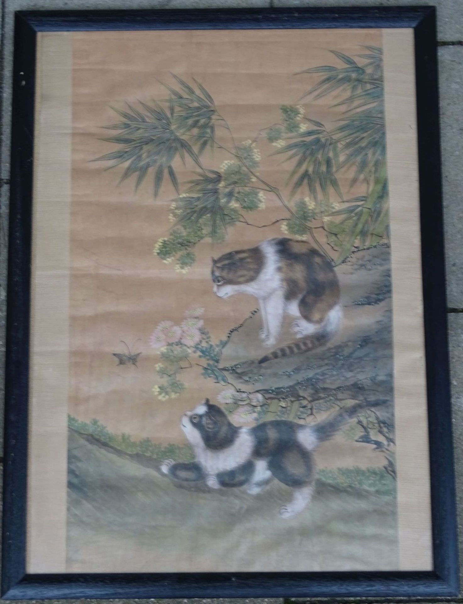 grosses anonymes Aquarell "zwei Katzen" wohl China, auf Reispapier, ger/Glas, RG 75x55 cm - Bild 4 aus 4