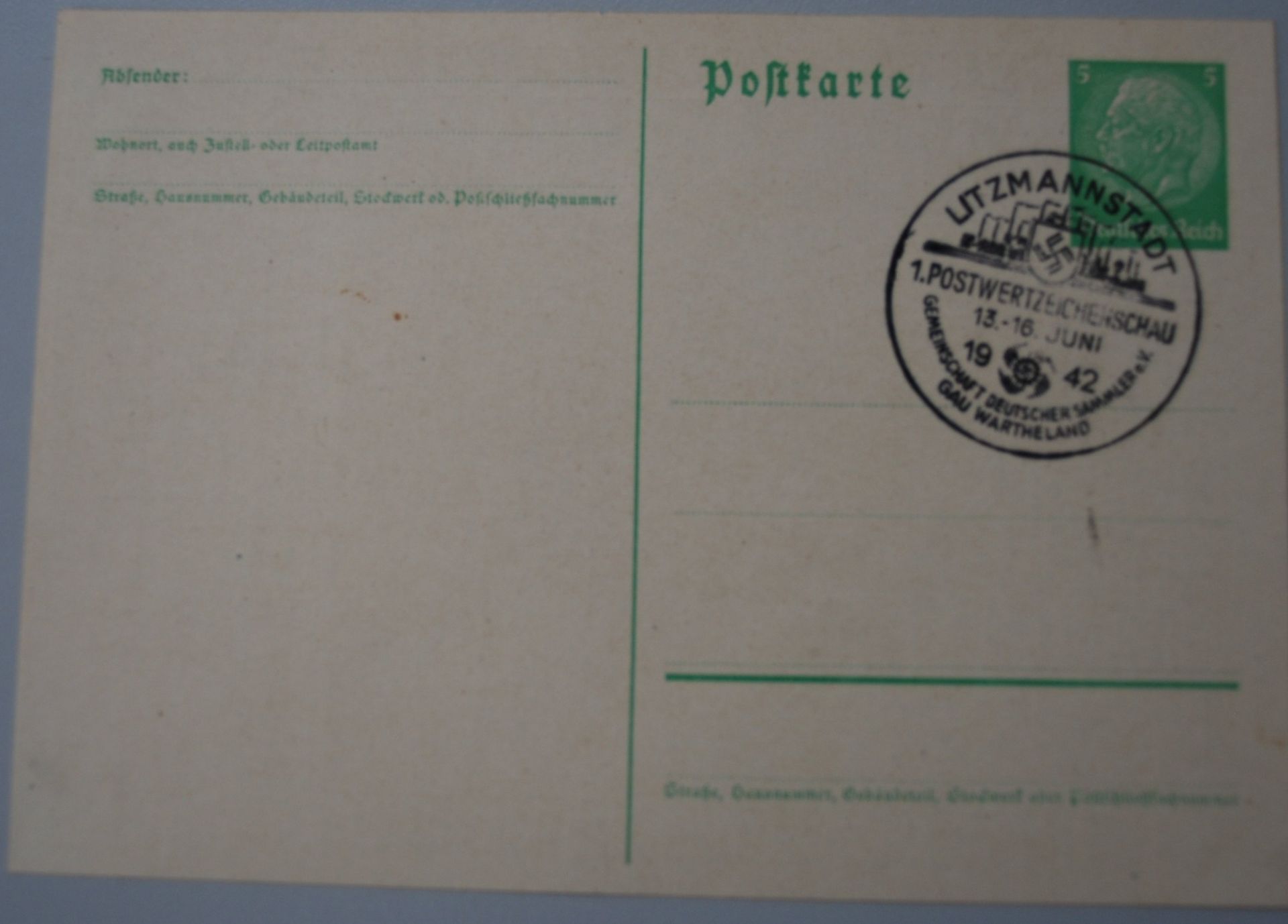 Postkarte ".1.Postwertzeichenschau" mit Sonderstempel 1942, Litzmannstadt - Bild 2 aus 2