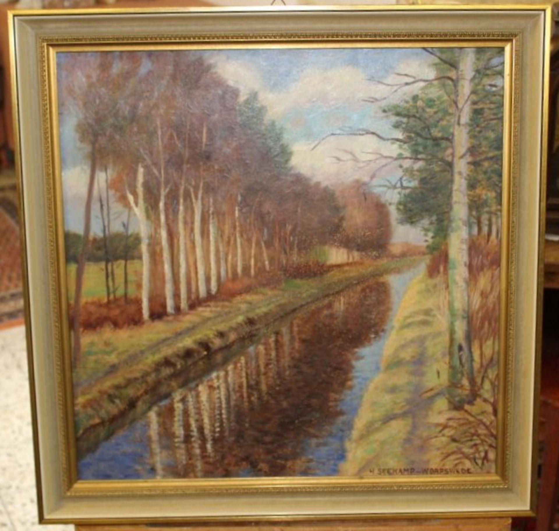 Hermann SEEKAMP (1881-1936), Worpswede, "Birken am Fluss", Öl/Hartfaser, restaurierungs bedürftig, - Bild 3 aus 4