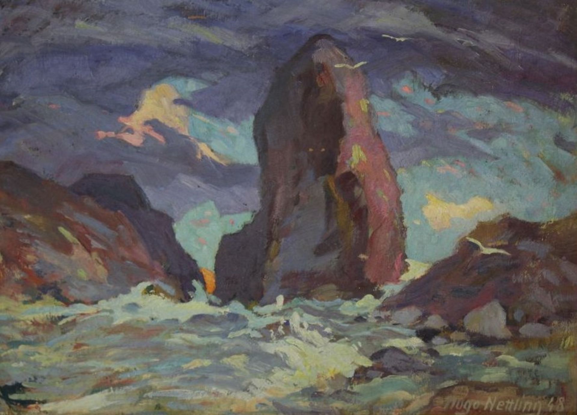 Hugo Nettling, 1948 "Küstenszene" Öl/Malfaser, gerahmt, RG 34x44cm.