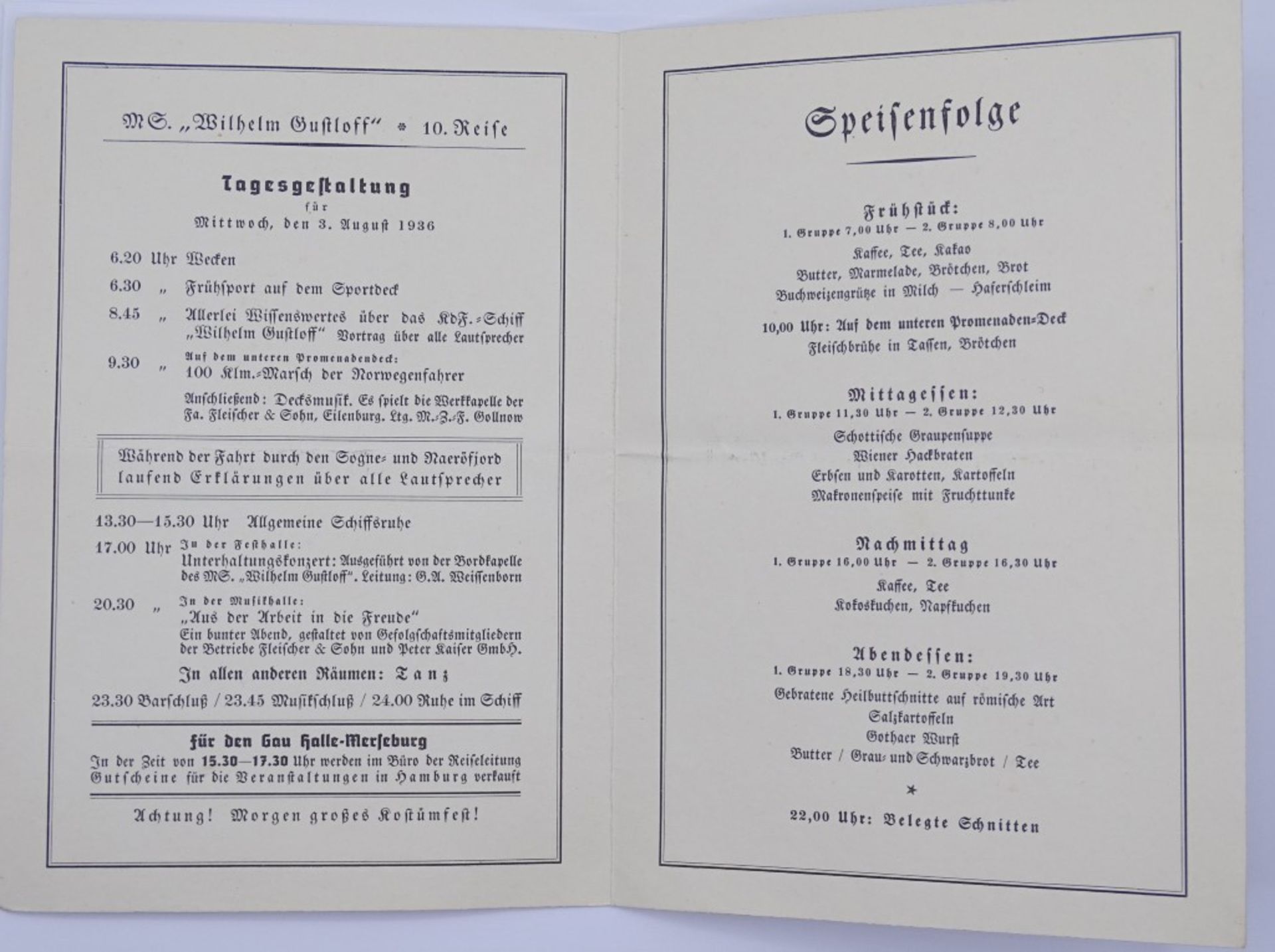 Speisekarte 1936 bez." Die Deutsche Arbeitsfront" "Urlaubsfahrten zur See" MS "Wilhelm Gustloff" - Bild 2 aus 3