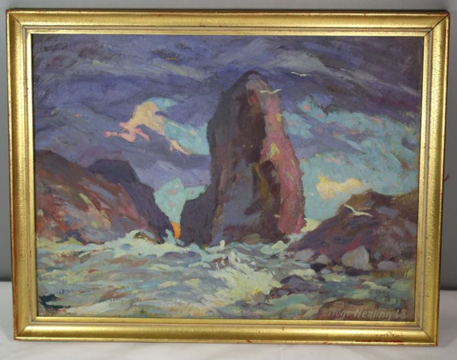 Hugo Nettling, 1948 "Küstenszene" Öl/Malfaser, gerahmt, RG 34x44cm. - Bild 2 aus 2