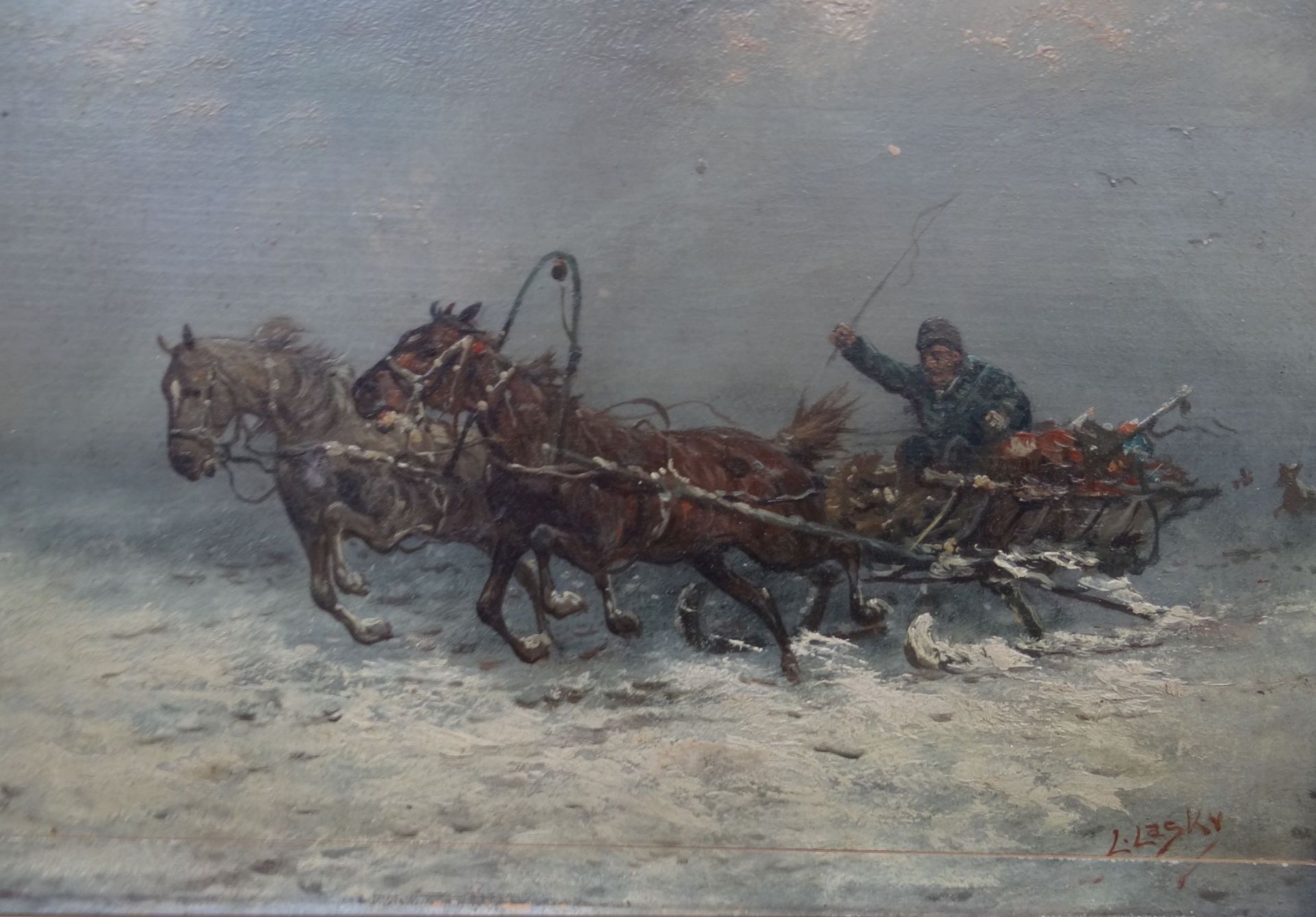 L. Lasky (19/20. Jhd) "Pferdeschlitten auf der Flucht vor Wölfen", Öl/Holz (26x32 cm Spannungsriss), - Bild 3 aus 7