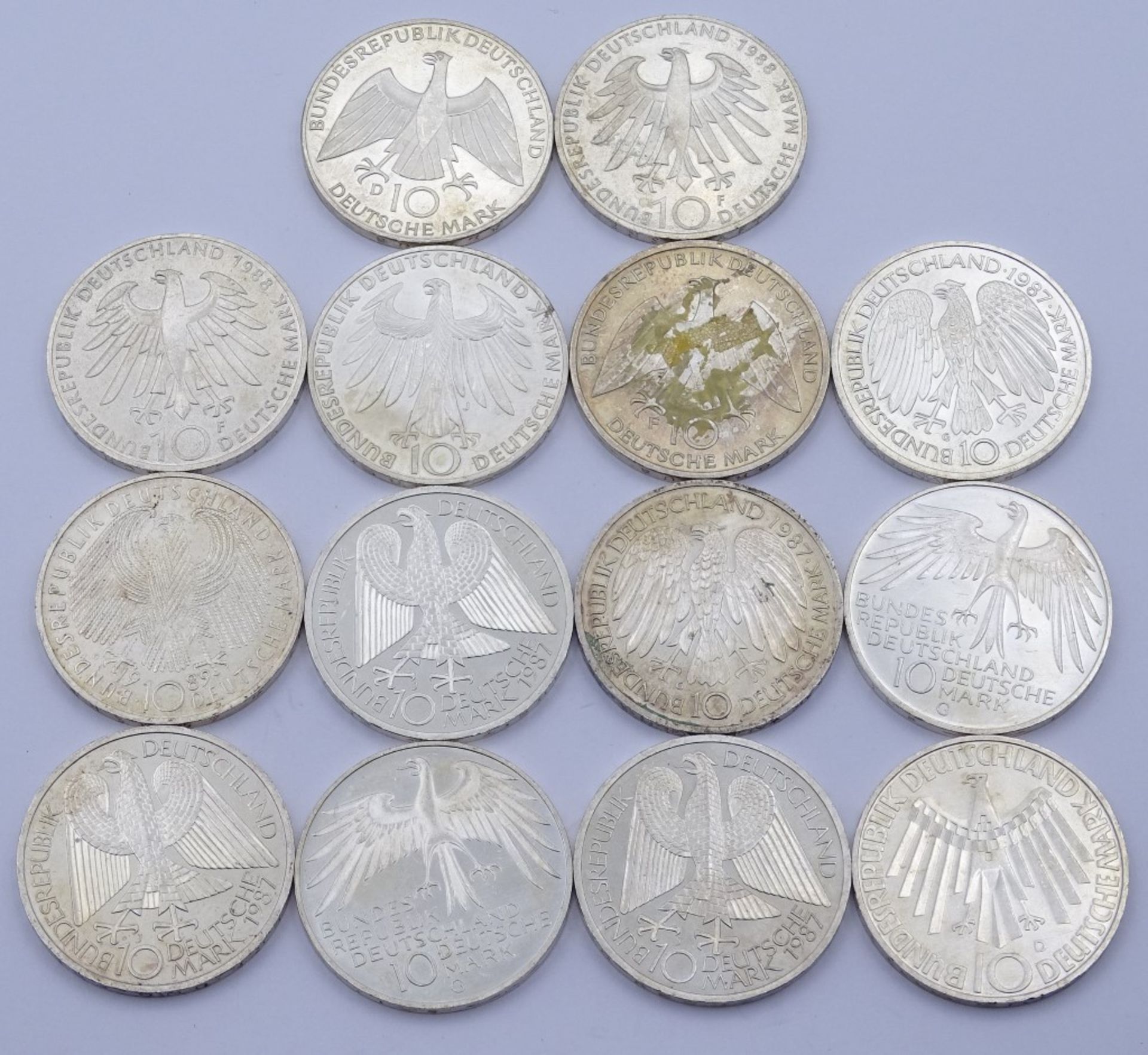 14x 10 DM Münzen = 140 Deutsche Mark, Silber,ges.Gew.216gr