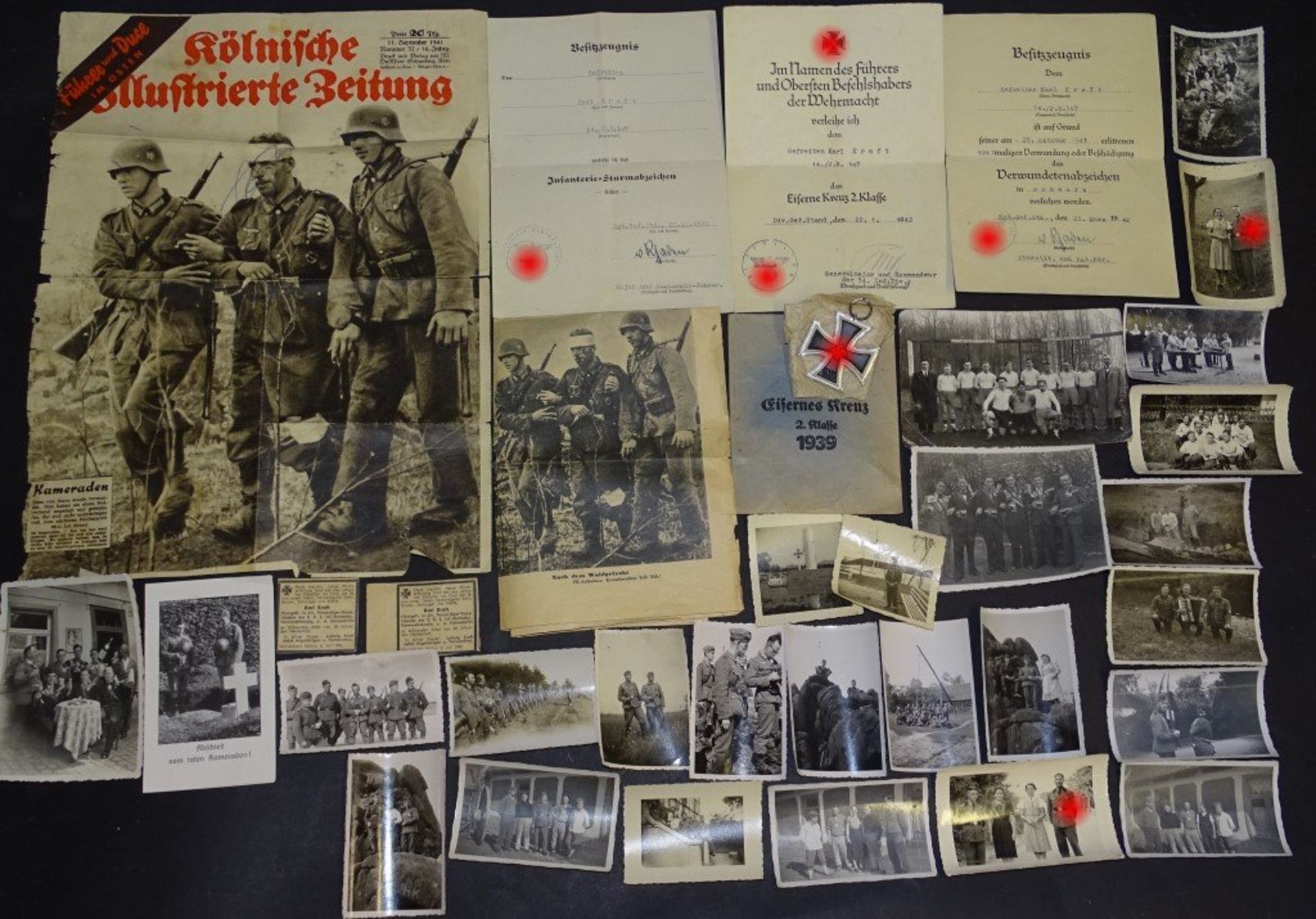Dokumenten-und Fotonachlass des Gefreiten Kraft, gefallen 1943 bei Orel/Russland, EK 2 in