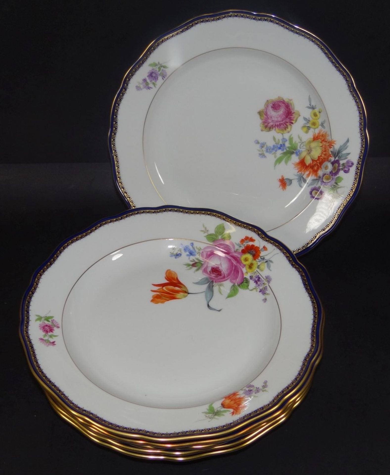 6x Speiseteller "Meissen" Blumen, Kobalt- und Goldrand, D-25 cm, 4xdurchschliffen,