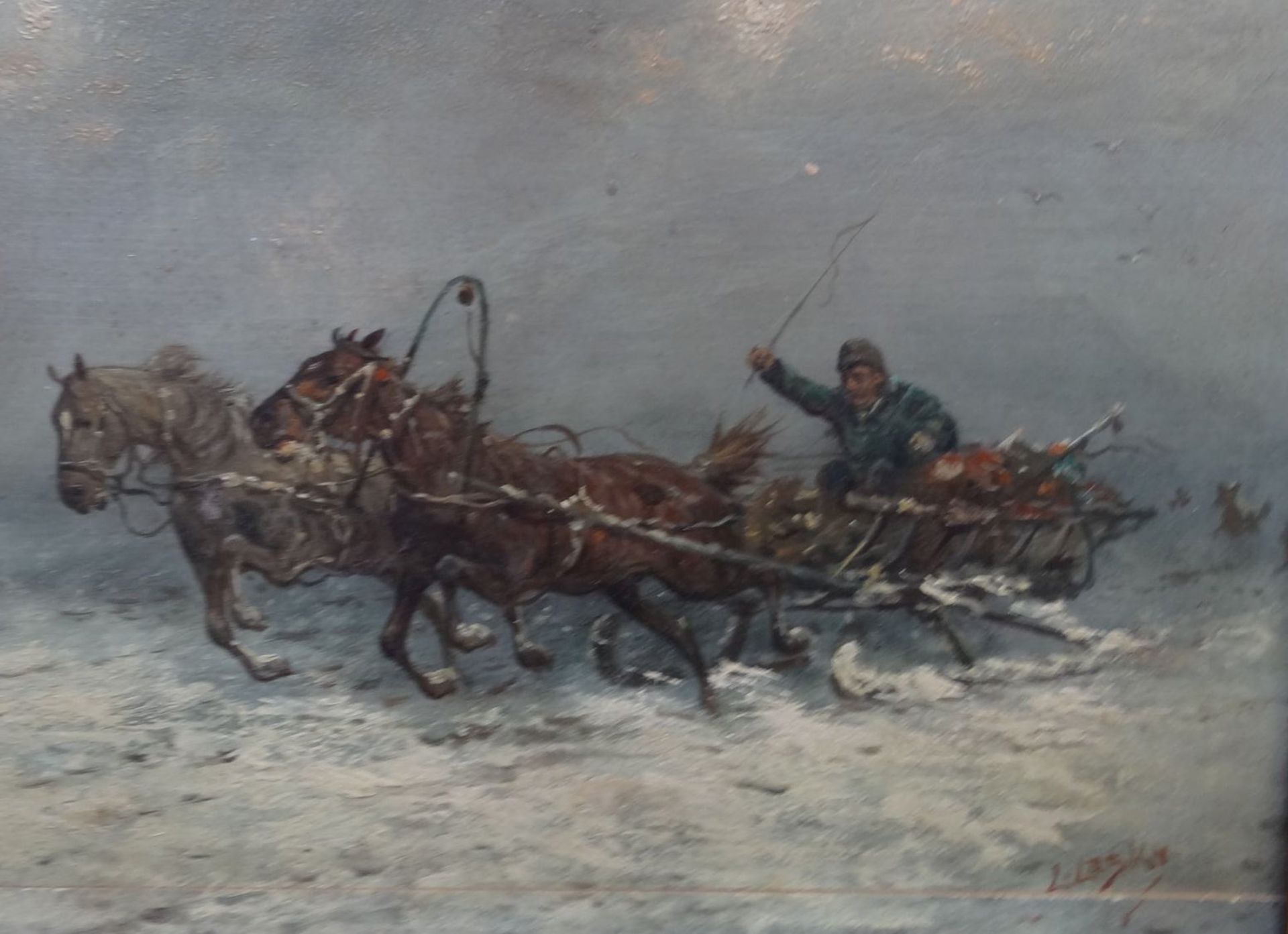 L. Lasky (19/20. Jhd) "Pferdeschlitten auf der Flucht vor Wölfen", Öl/Holz (26x32 cm Spannungsriss), - Bild 4 aus 7