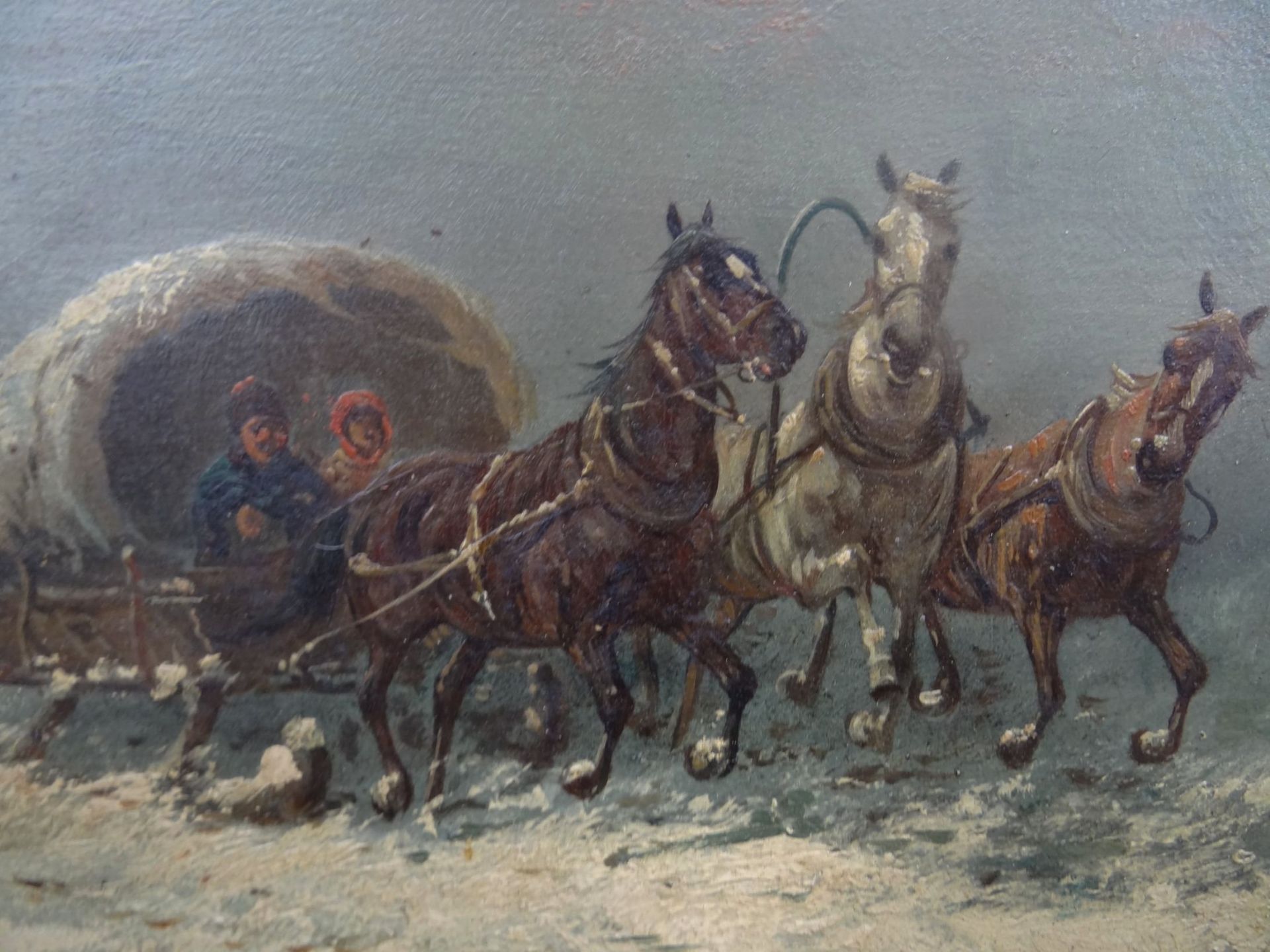 L. Lasky (19/20. Jhd) "Pferdeschlitten mit Troika" Öl/Holz, 26x32 cm,gut gerahmt, RG 45x50 c - Bild 5 aus 8