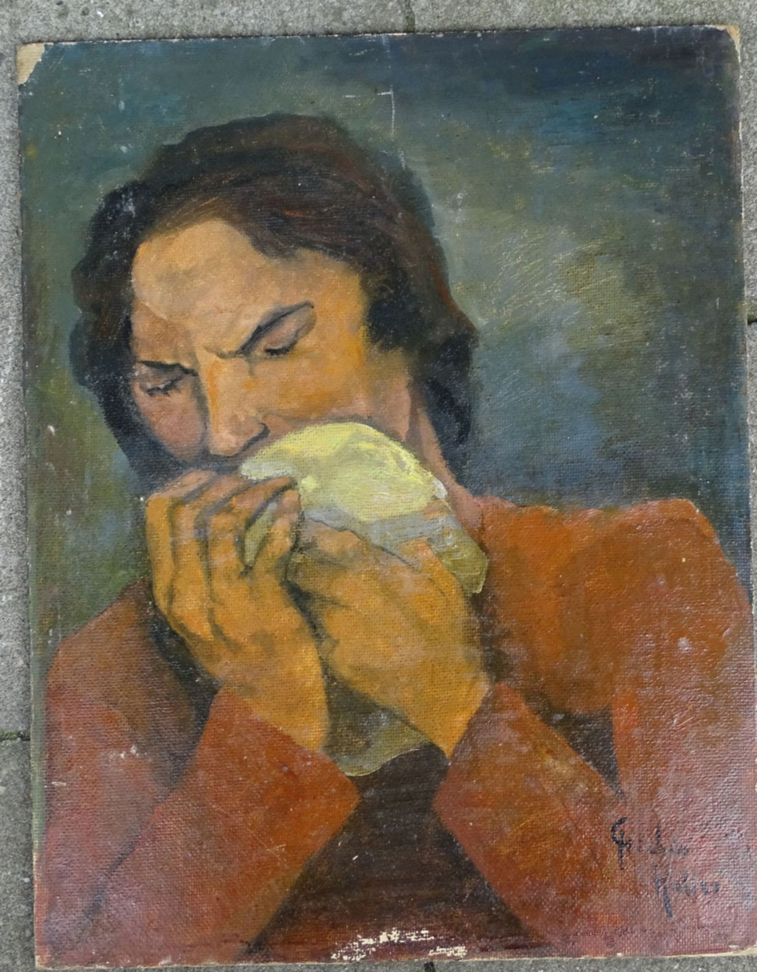 Chichio HALLER (1894-1955) "Frau mit Taschentuch" Öl/Platte, an den Ecken Abplatzer etc. 40x31 c