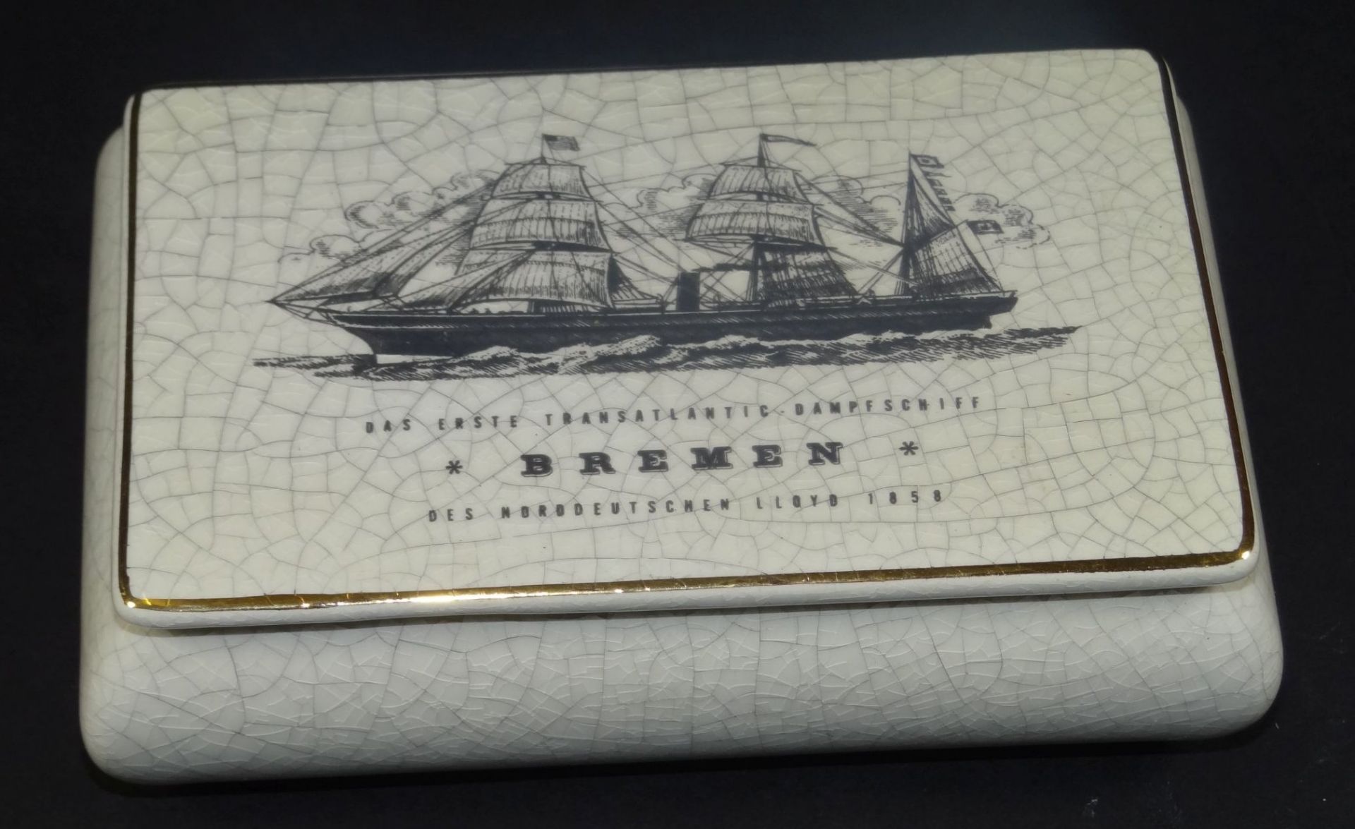 Deckeldose, "1.Transatlantic Dampfschiff Bremen des Norddt. Lloyds", Wächtersbacher, H-4 cm, 13x8 c - Bild 2 aus 7
