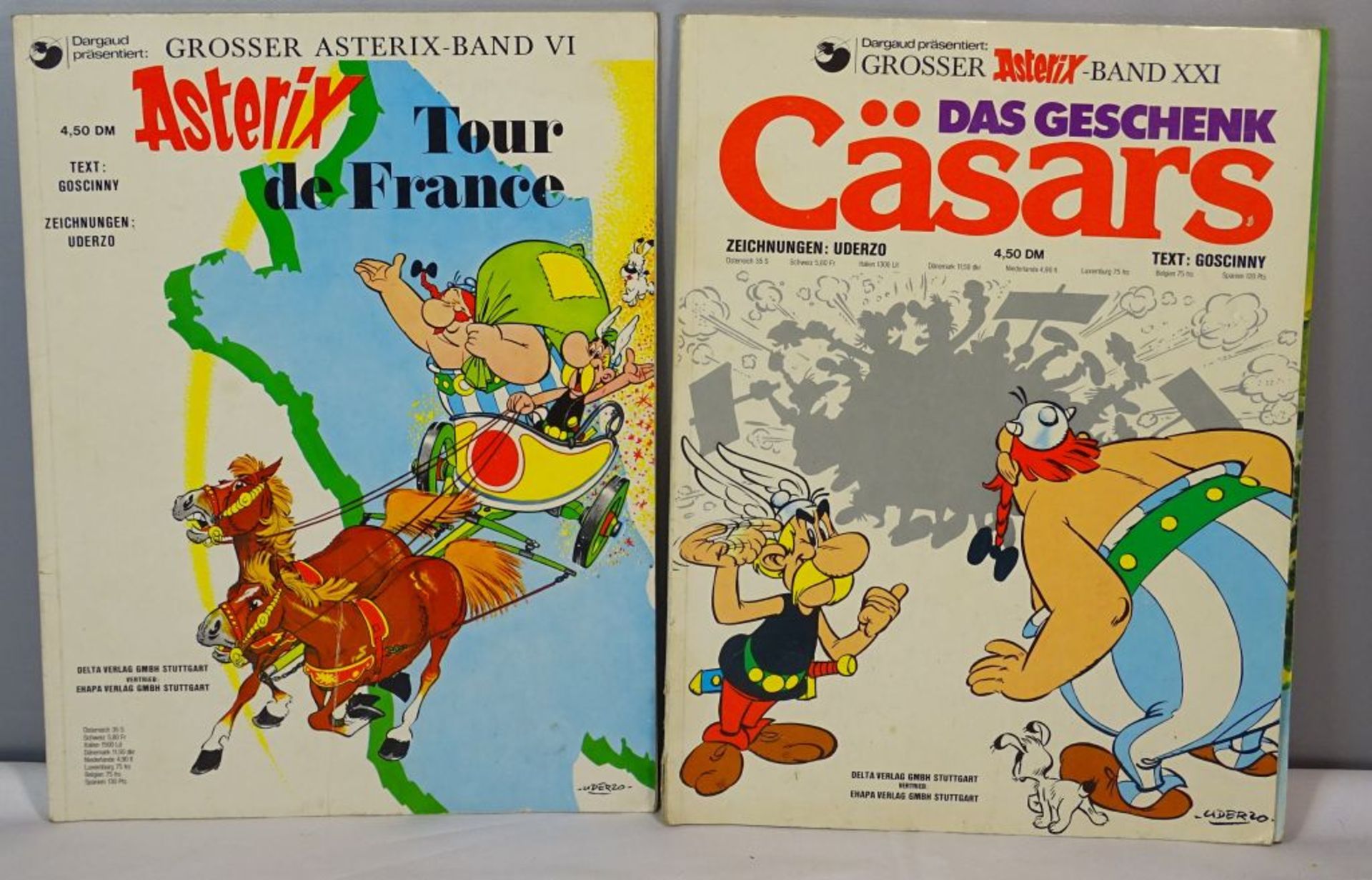 2 Bände "Asterix und Obelix", Band 6 u. 21, 1970/76, Alters-u. Gebrauchsspuren.